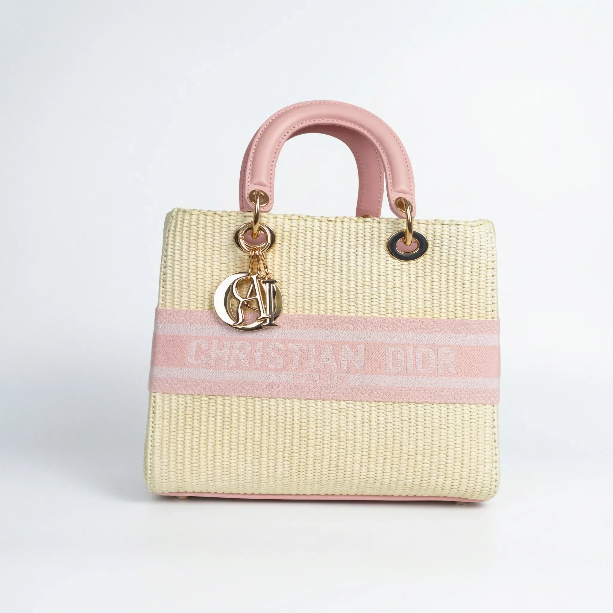 Dior Borsa Tote Intrecciata Rosa Crema In Ecopelle Con Dettagli Dorati Manico Ergonomico