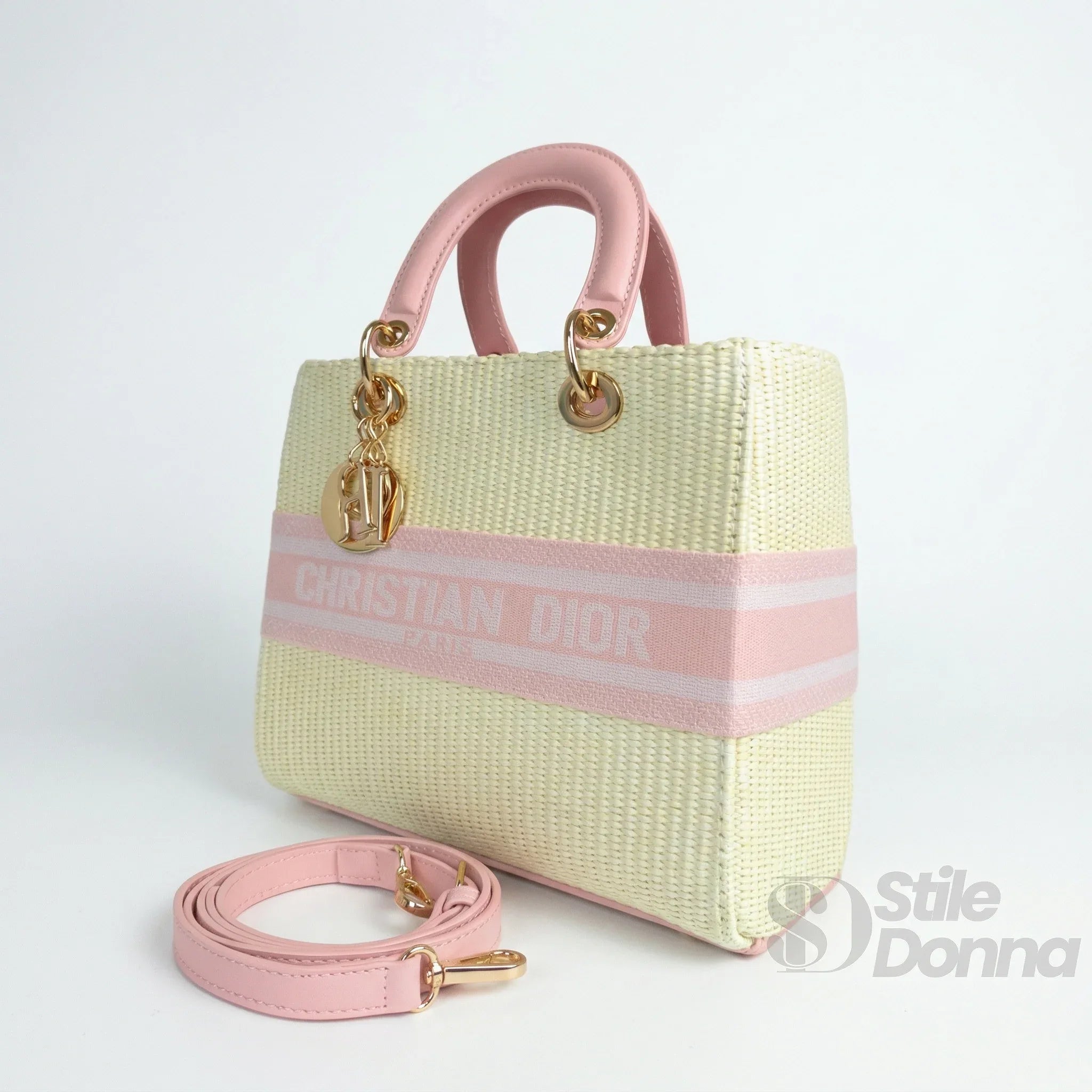 Dior Borsa Tote Intrecciata Rosa Crema In Ecopelle Con Dettagli Dorati Manico Ergonomico