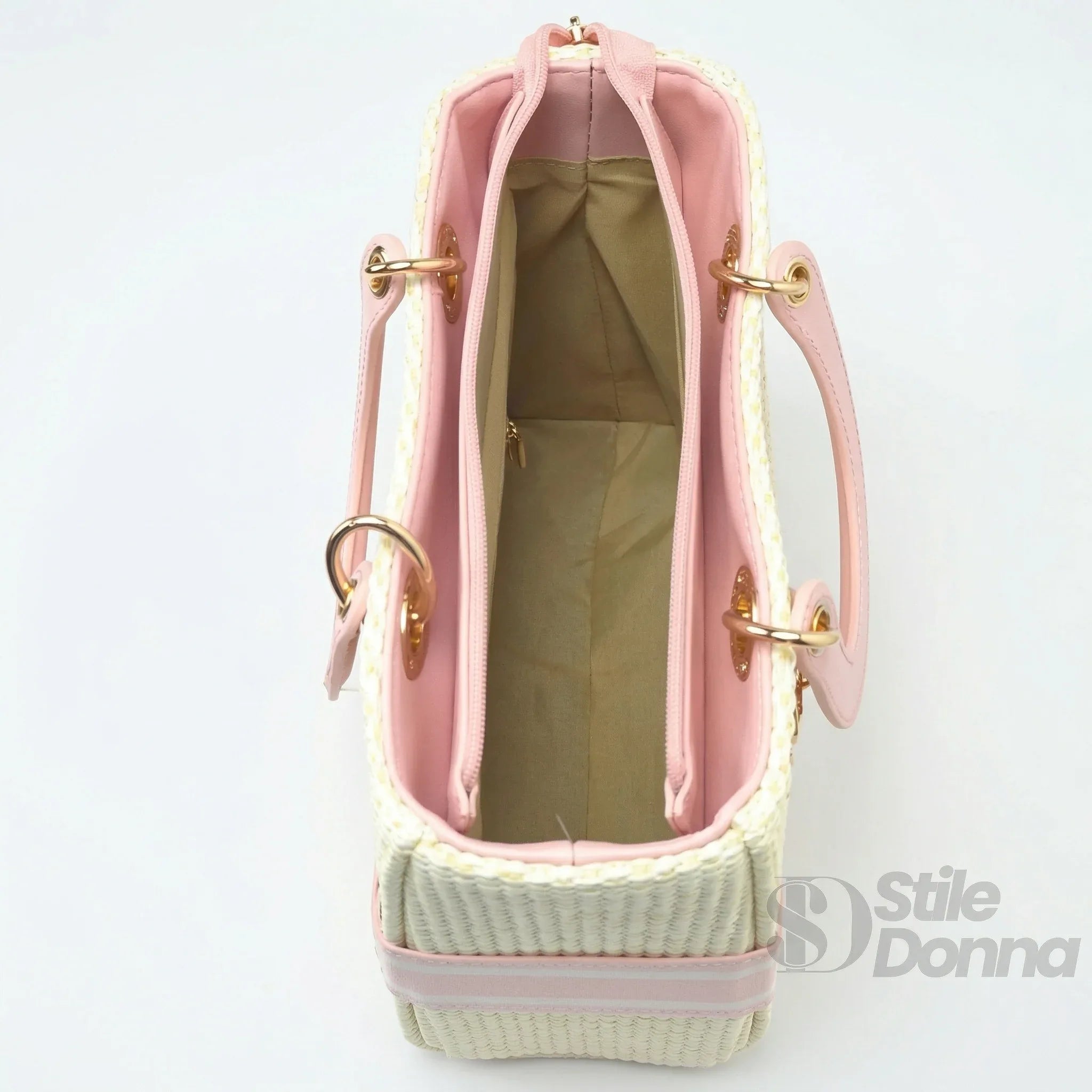 Dior Borsa Tote Intrecciata Rosa Crema In Ecopelle Con Dettagli Dorati Manico Ergonomico