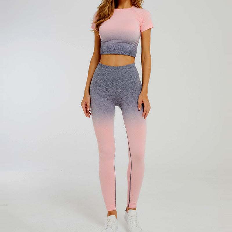 Tuta sportiva da donna a manica corta sfumata Abbigliamento da palestra senza cuciture Donna Palestra Yoga Set Leggings fitness
