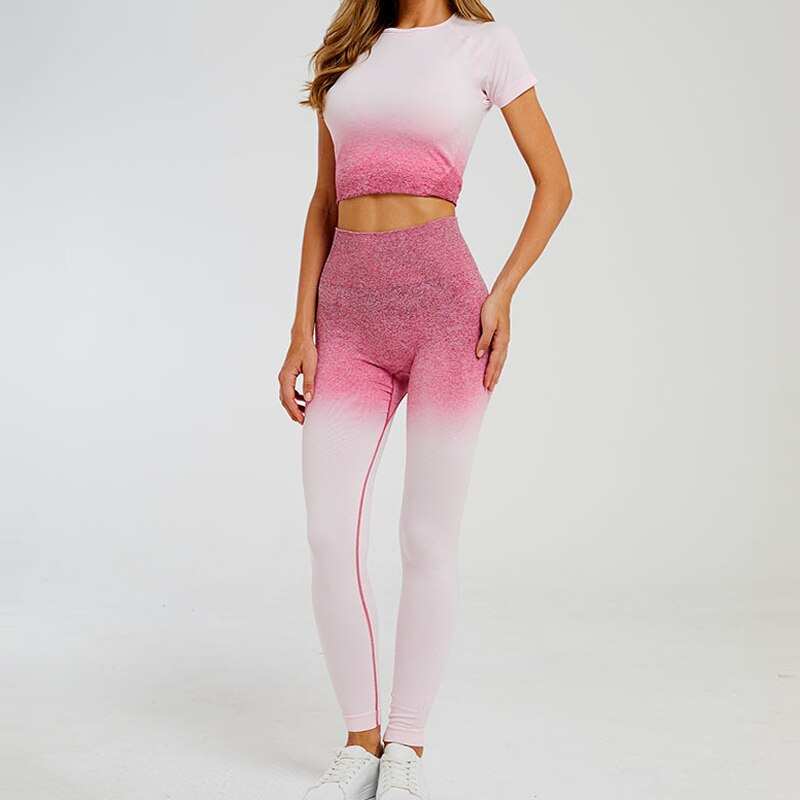 Tuta sportiva da donna a manica corta sfumata Abbigliamento da palestra senza cuciture Donna Palestra Yoga Set Leggings fitness