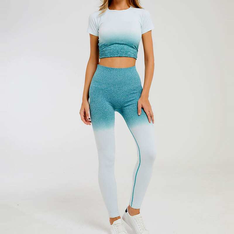 Tuta sportiva da donna a manica corta sfumata Abbigliamento da palestra senza cuciture Donna Palestra Yoga Set Leggings fitness