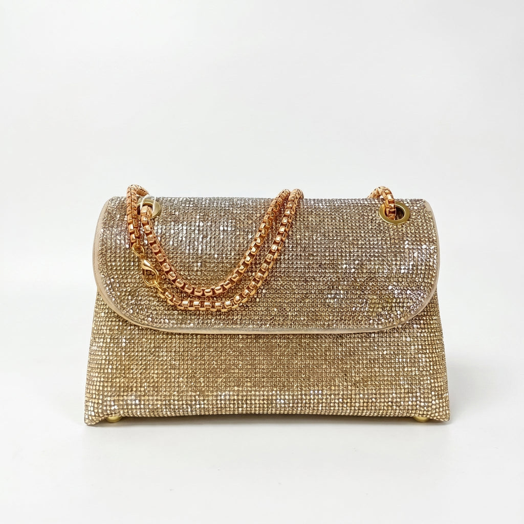 MS Pochette Strass MS-4654 Cristallo Dorato Esterno Vetro al Piombo Interno Microfibra Antistrappo Chiusura Magnetica