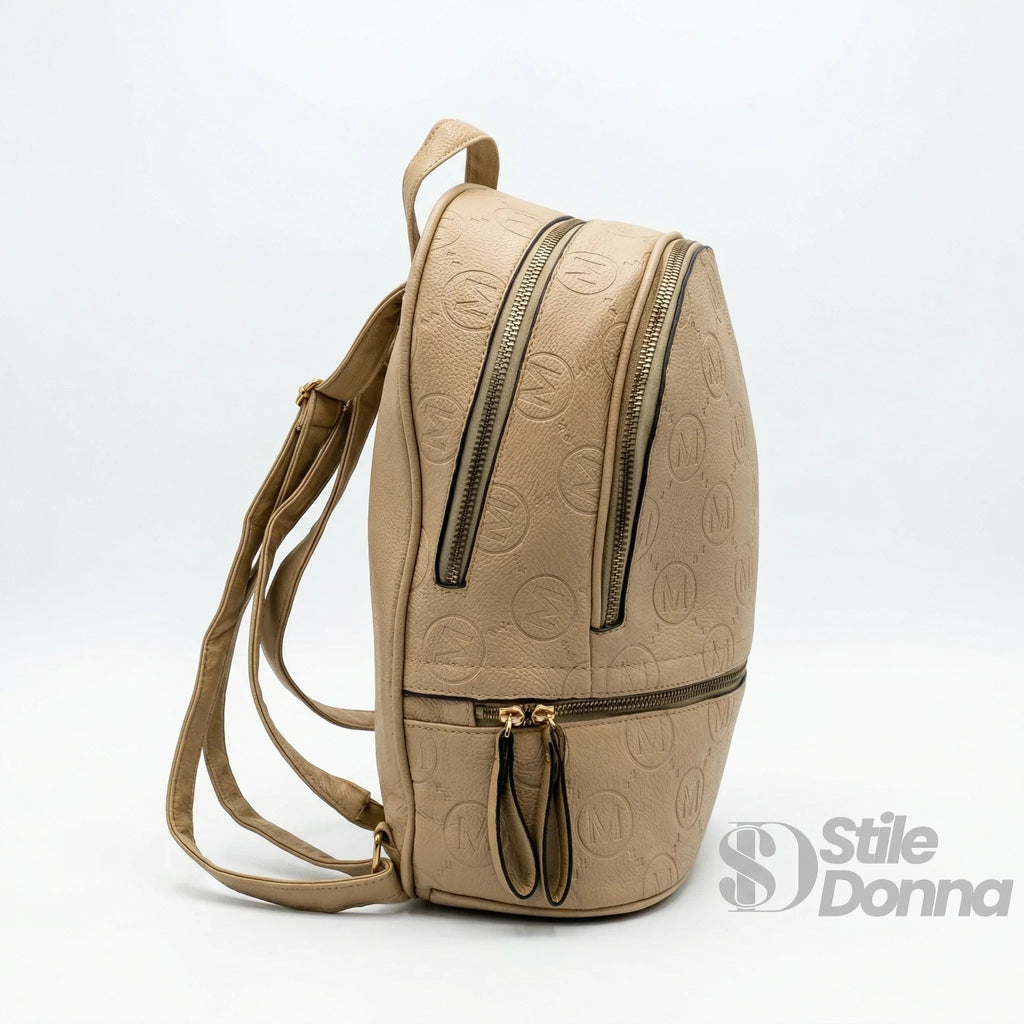 Zaino Donna in Pelle PU Beige Nero con Monogramma