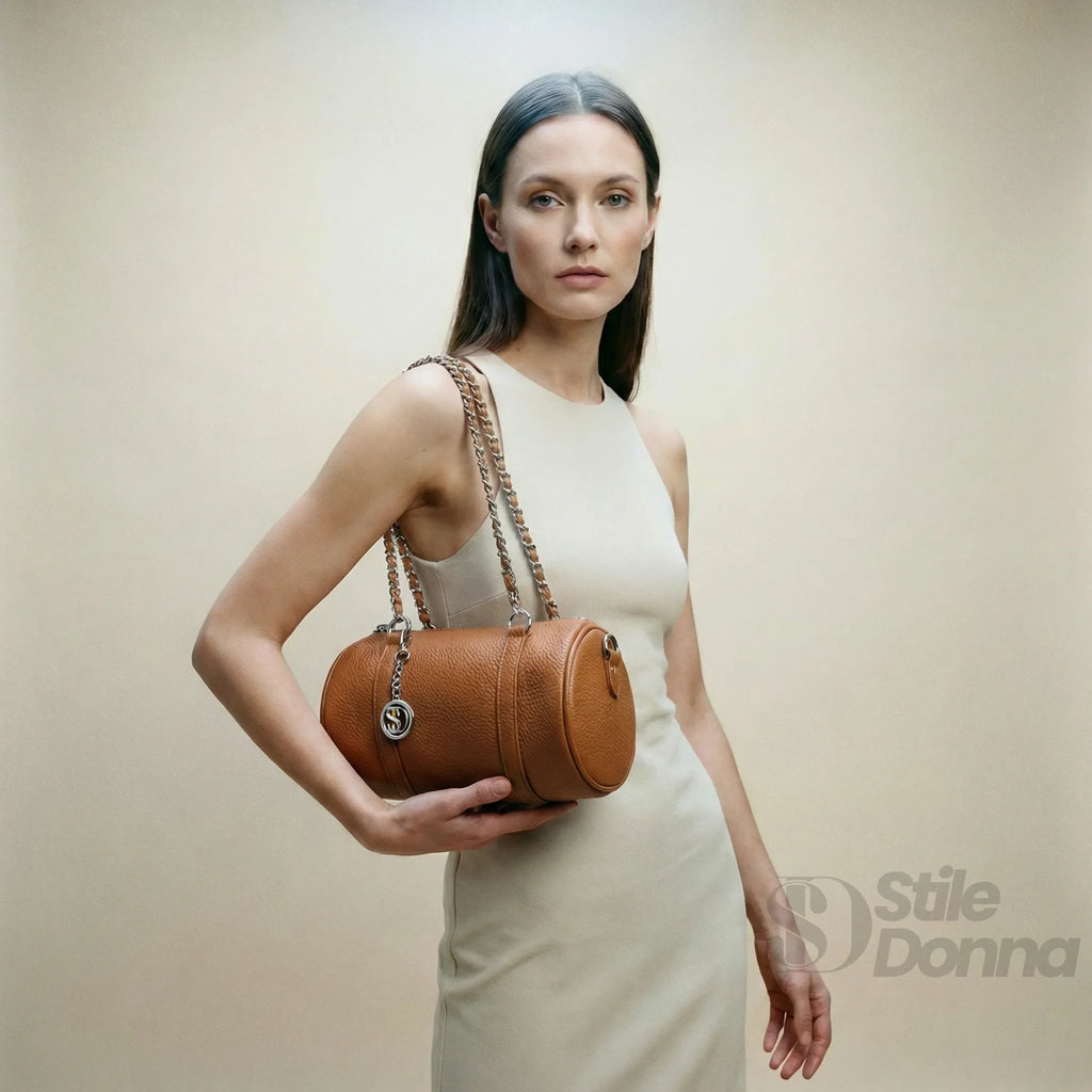 Borsa a Cilindro con Doppio Manico in EcoPelle Resistente, Design Architettonico Compatto