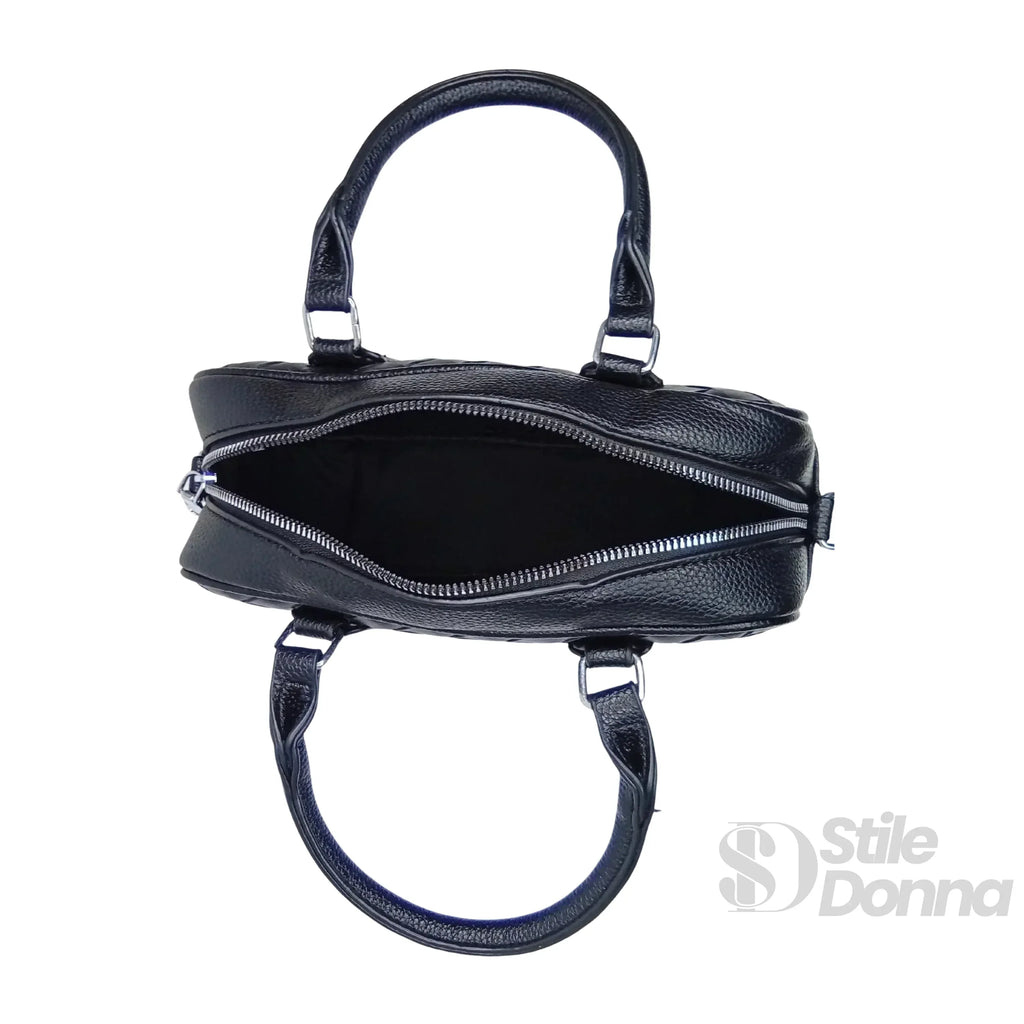 Borsa A Cilindro Intrecciata In Eco Pelle Nera Con Fodera Microfibra E Finiture Argentee