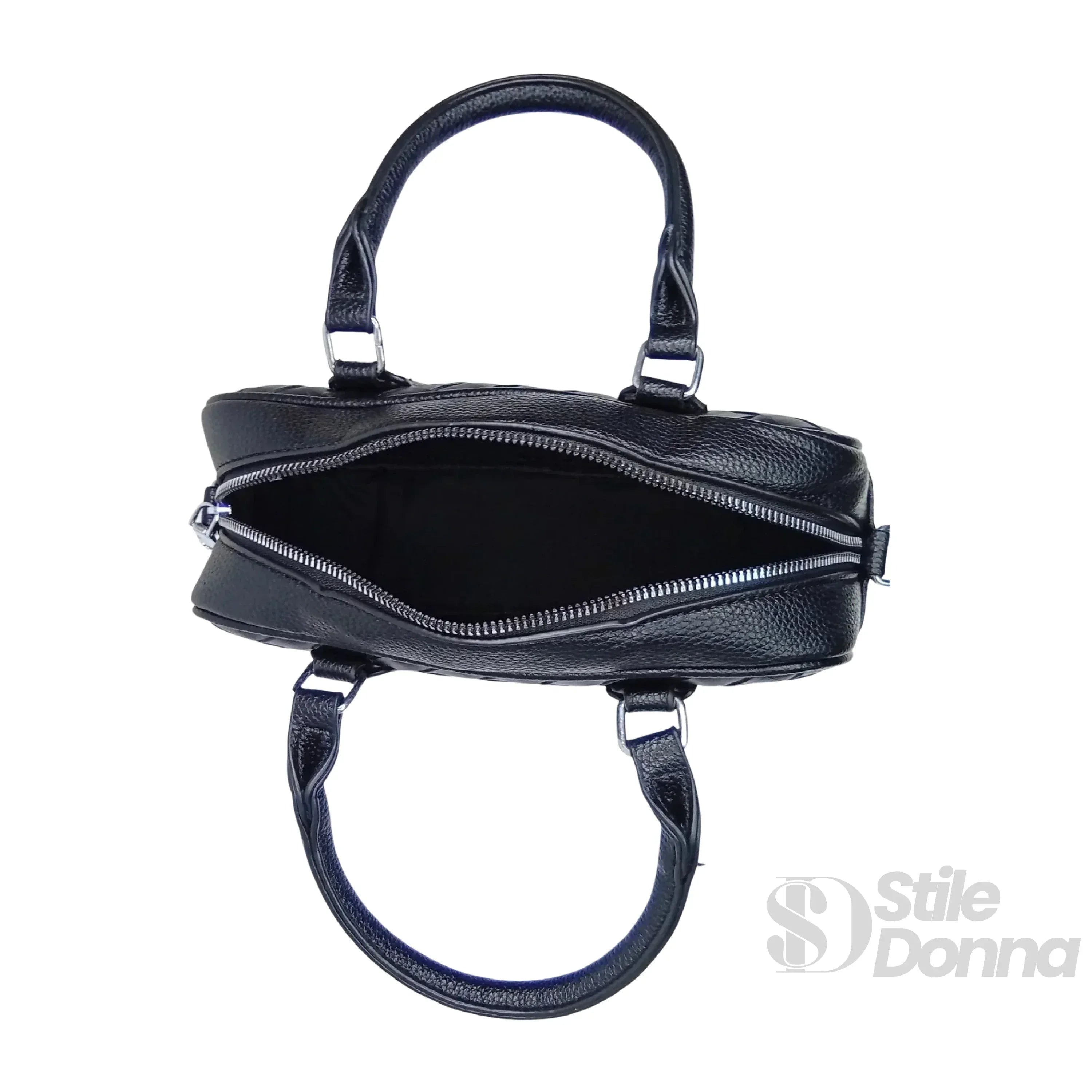 Borsa A Cilindro Intrecciata In Eco Pelle Nera Con Fodera Microfibra E Finiture Argentee