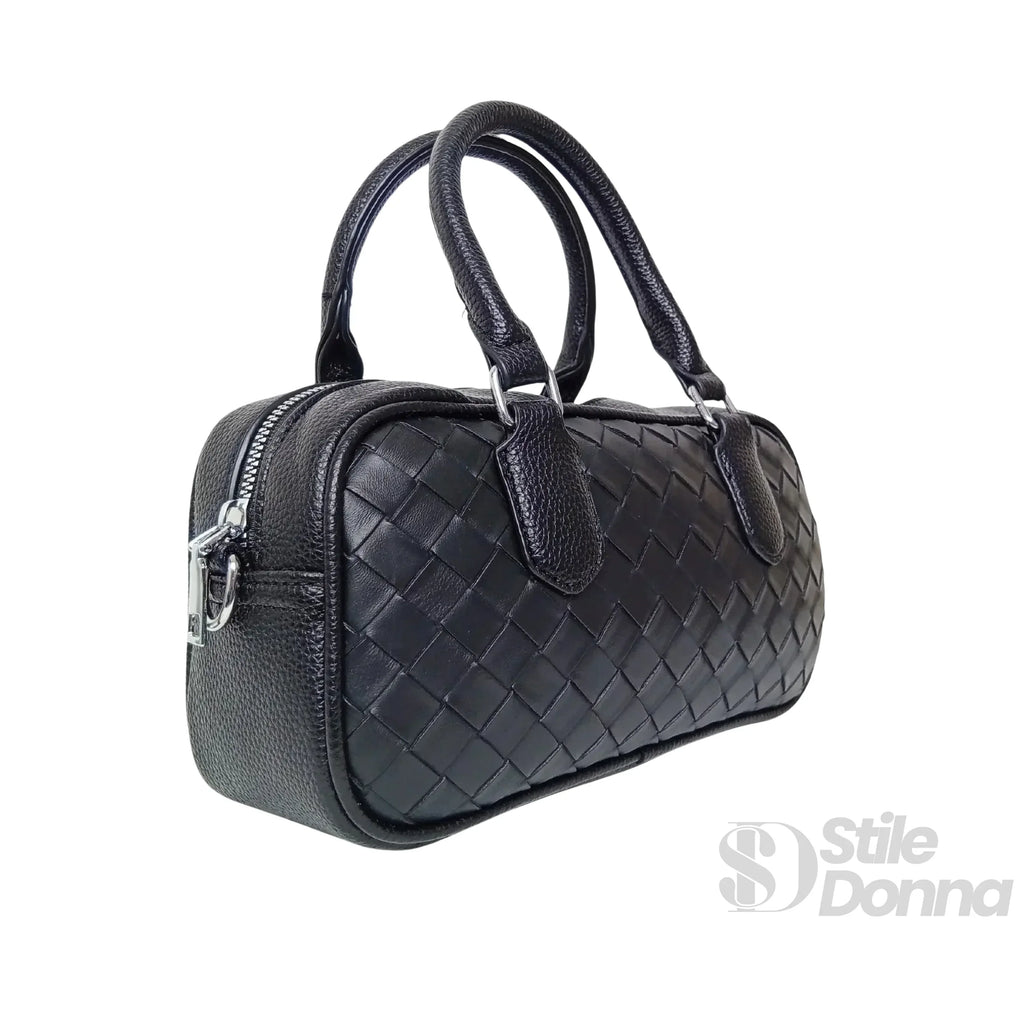 Borsa A Cilindro Intrecciata In Eco Pelle Nera Con Fodera Microfibra E Finiture Argentee