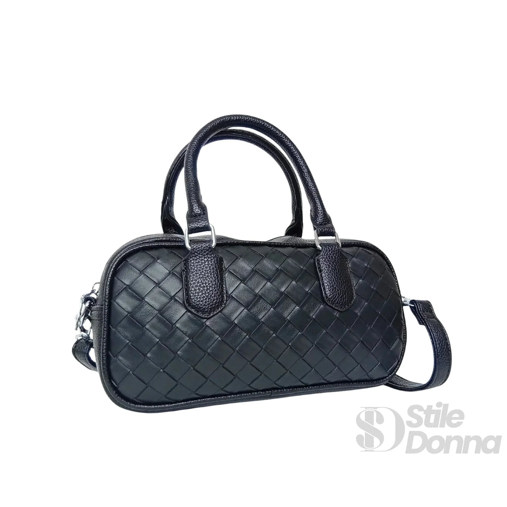 Borsa A Cilindro Intrecciata In Eco Pelle Nera Con Fodera Microfibra E Finiture Argentee