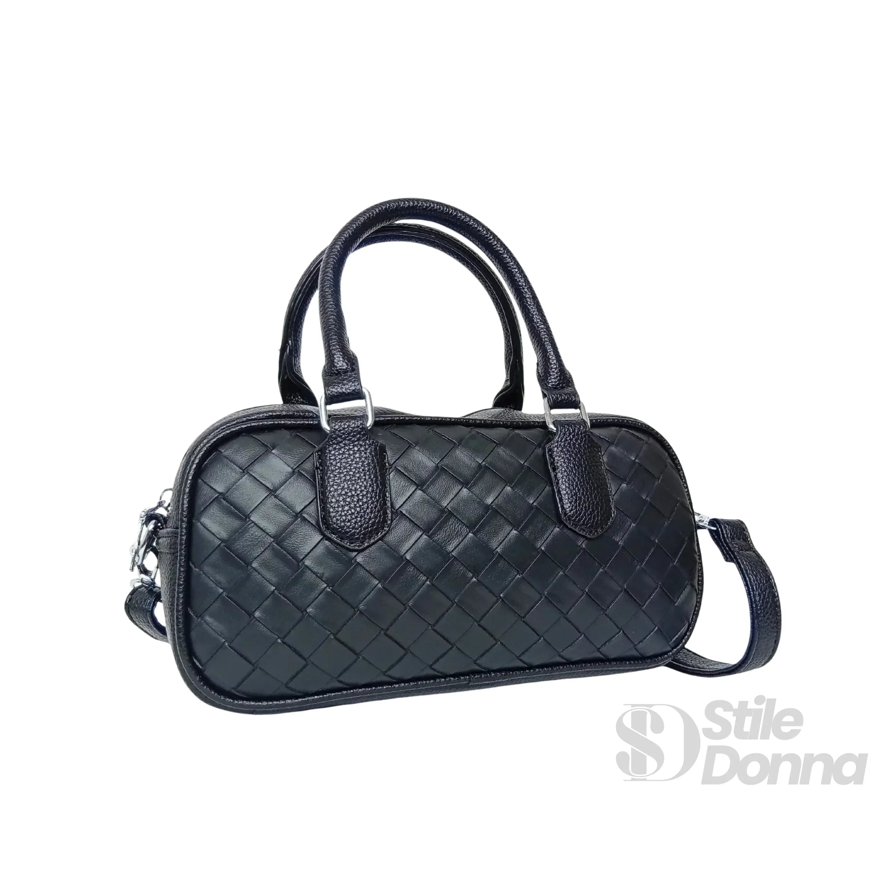 Borsa A Cilindro Intrecciata In Eco Pelle Nera Con Fodera Microfibra E Finiture Argentee