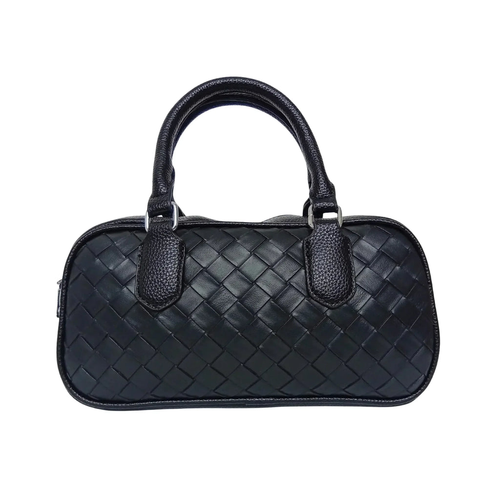Borsa A Cilindro Intrecciata In Eco Pelle Nera Con Fodera Microfibra E Finiture Argentee