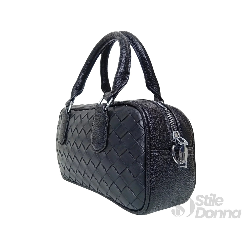 Borsa A Cilindro Intrecciata In Eco Pelle Nera Con Fodera Microfibra E Finiture Argentee