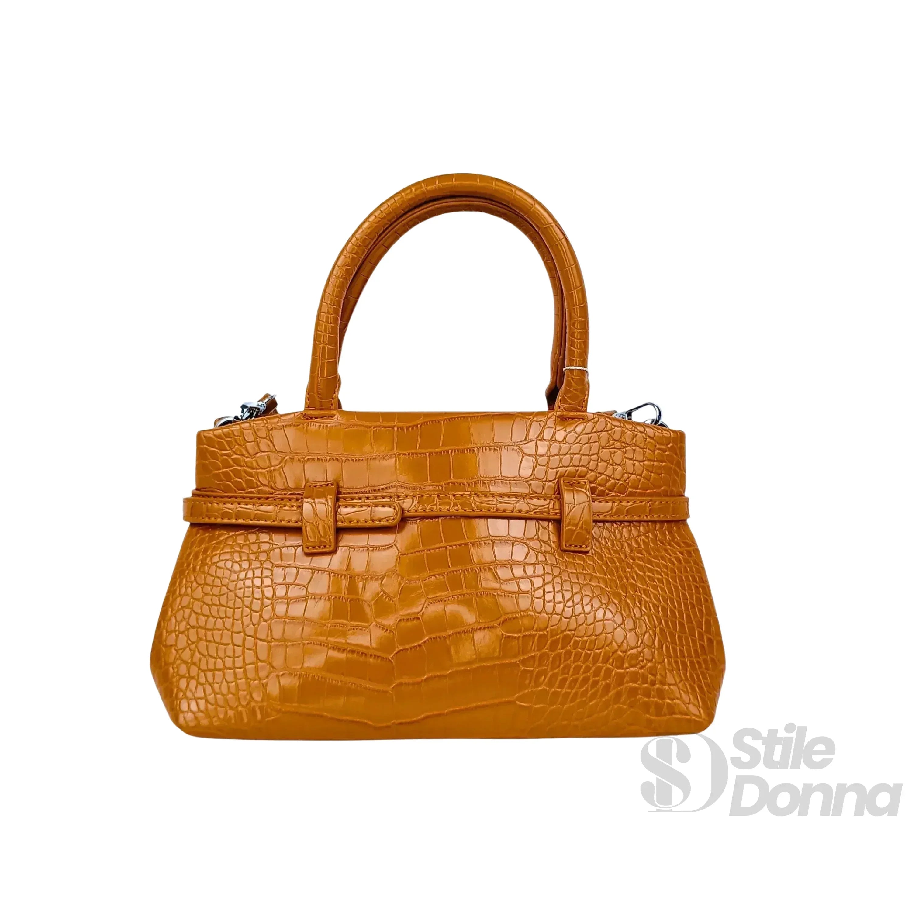 Borsa A Mano In Pelle Marrone Effetto Coccodrillo