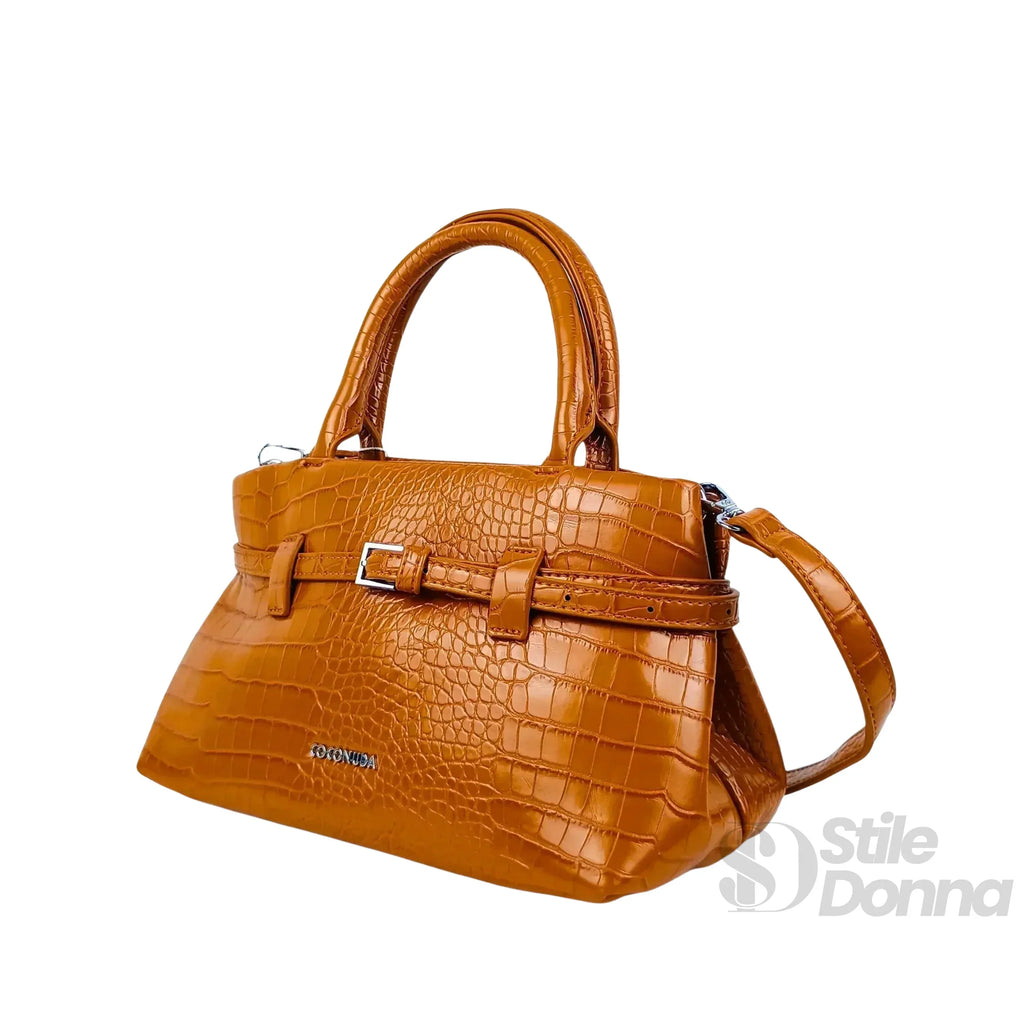 Borsa A Mano In Pelle Marrone Effetto Coccodrillo