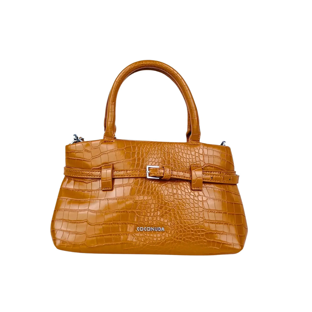 Borsa A Mano In Pelle Marrone Effetto Coccodrillo