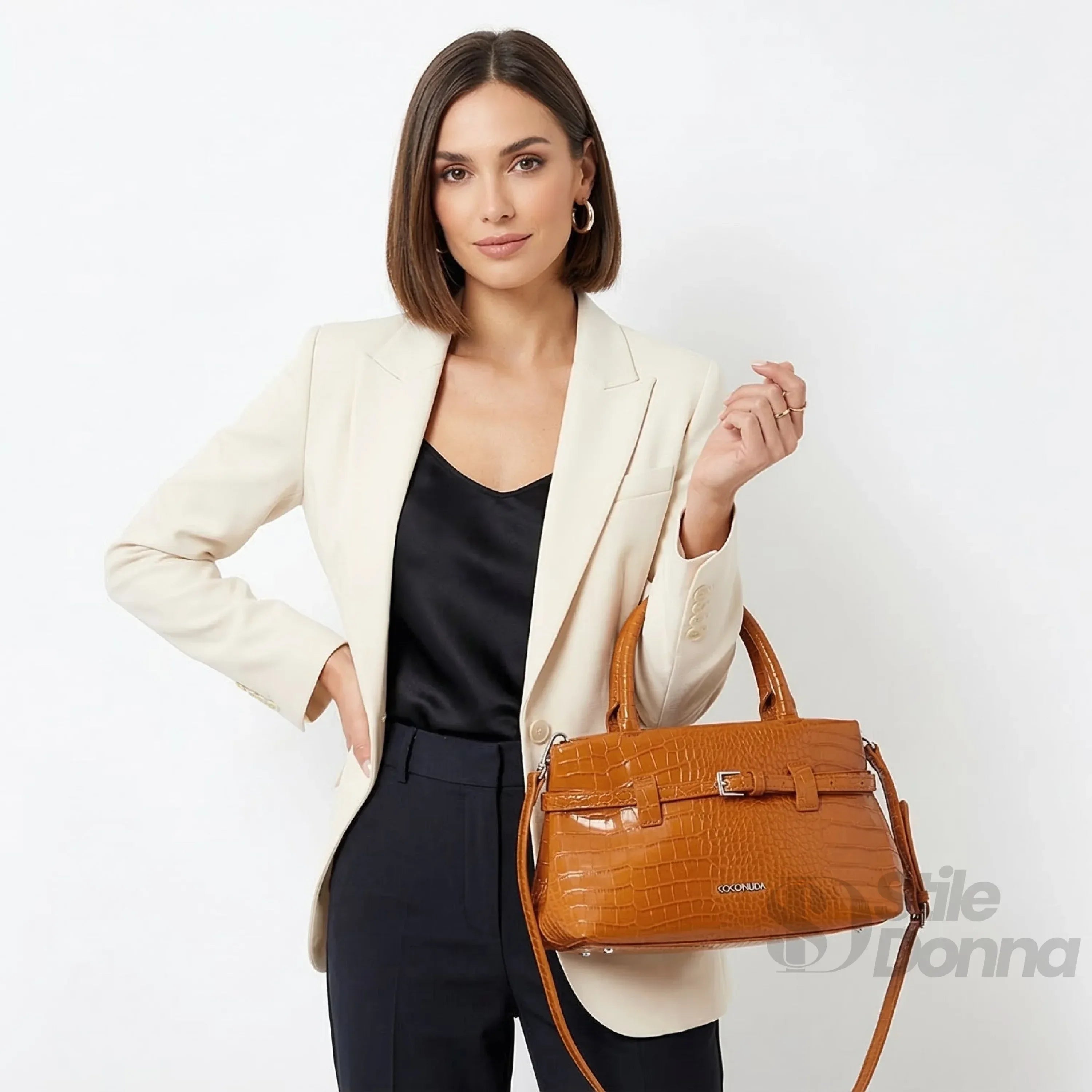 Borsa A Mano In Pelle Marrone Effetto Coccodrillo