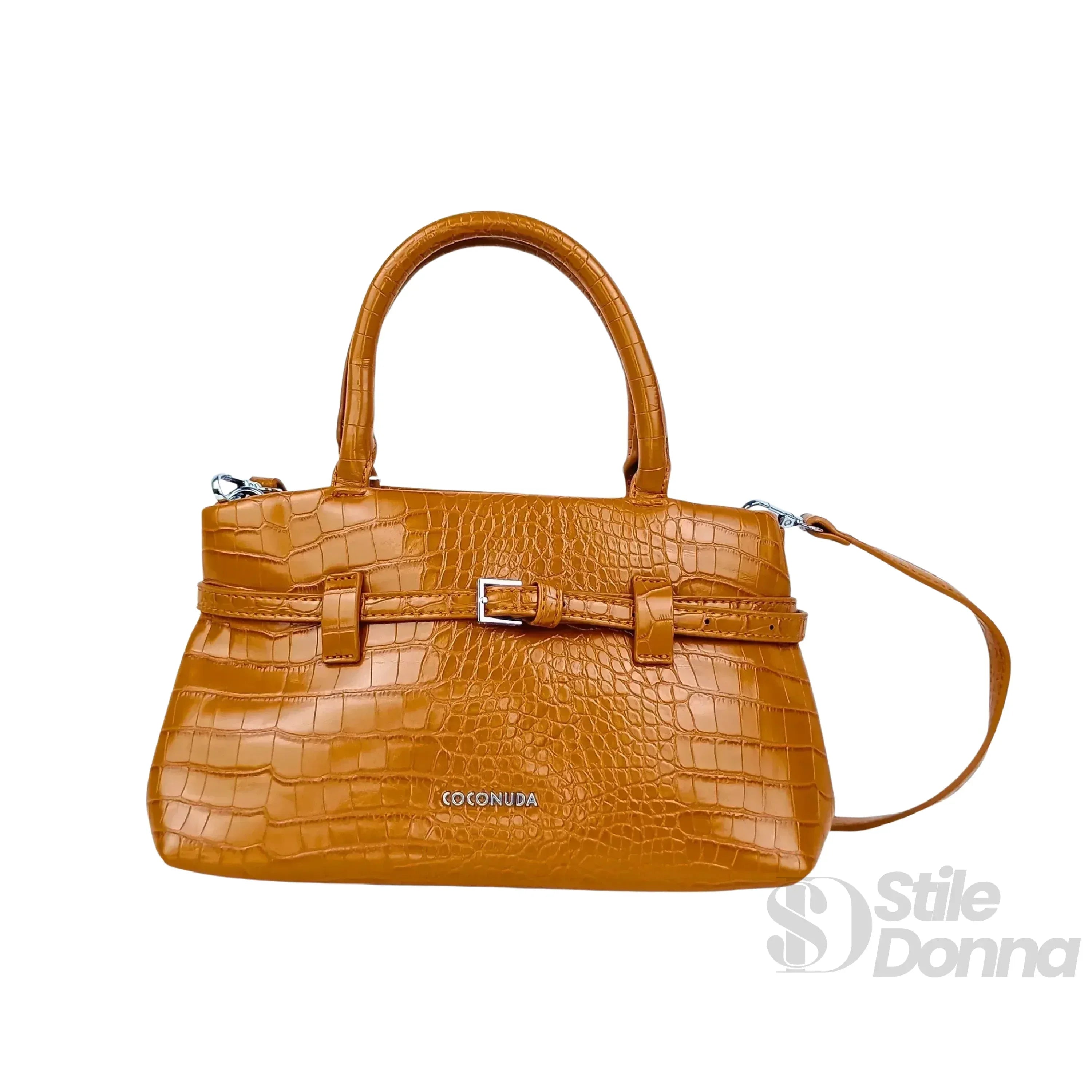 Borsa A Mano In Pelle Marrone Effetto Coccodrillo