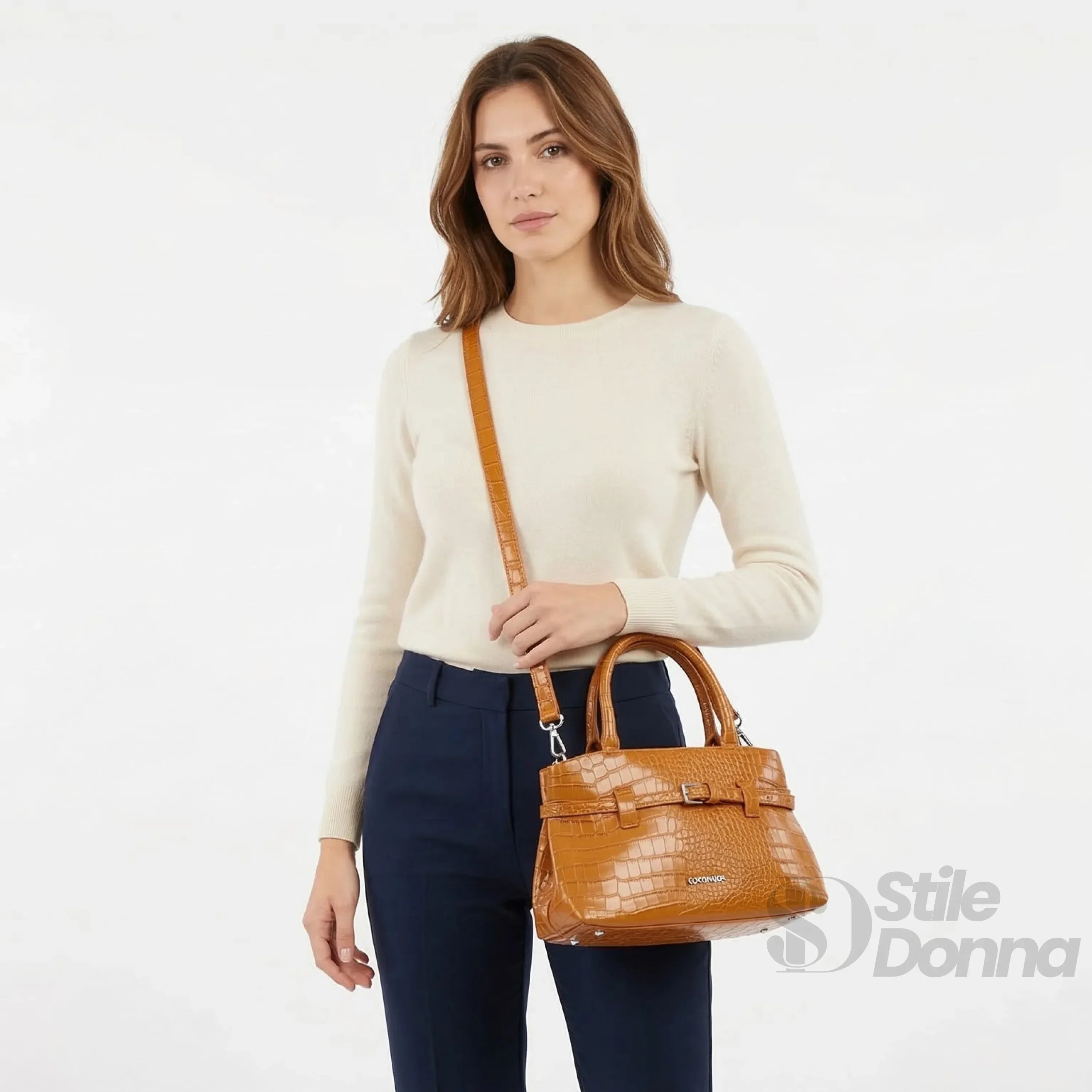 Borsa A Mano In Pelle Marrone Effetto Coccodrillo