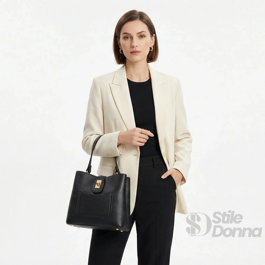 Borsa A Mano In Vera Pelle Italiana Con Dettagli Dorati Interna Ed Esterna In Pelle Di Alta Qualità