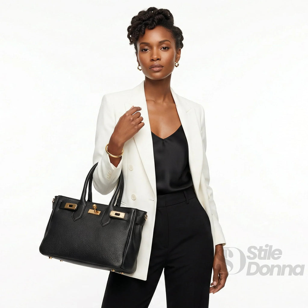 Borsa A Mano In Vera Pelle Con Hardware Dorato Made In Italy Interno In Microfibra Antistrappo