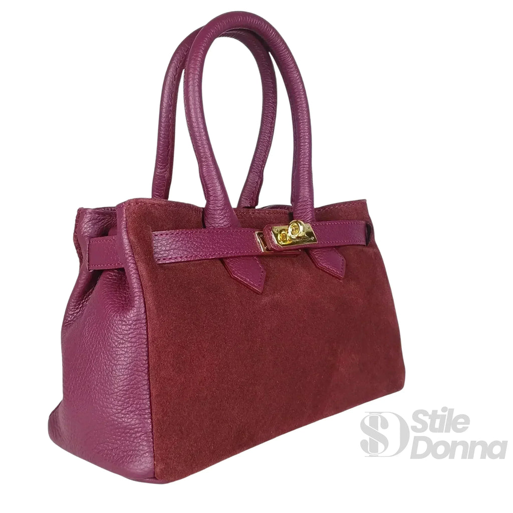 Velinara Borsa A Mano In Vera Pelle Scamosciata Bordeaux Modello Artigianale Italiano Con Finiture Dorate