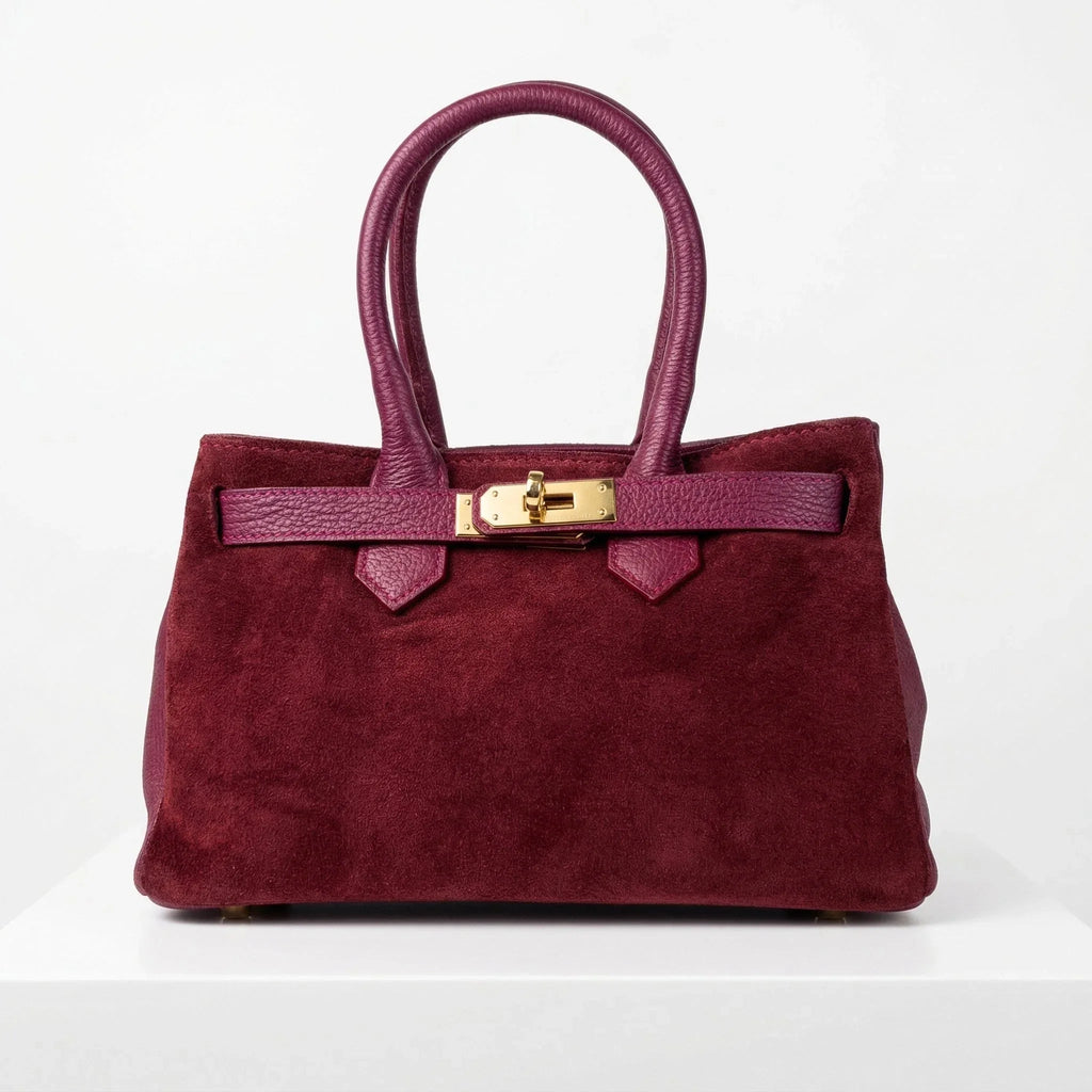 Velinara Borsa A Mano In Vera Pelle Scamosciata Bordeaux Modello Artigianale Italiano Con Finiture Dorate
