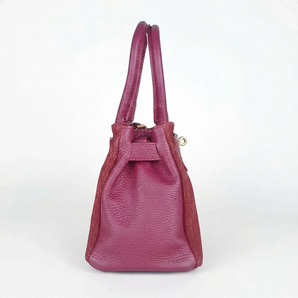 Velinara Borsa A Mano In Vera Pelle Scamosciata Bordeaux Modello Artigianale Italiano Con Finiture Dorate
