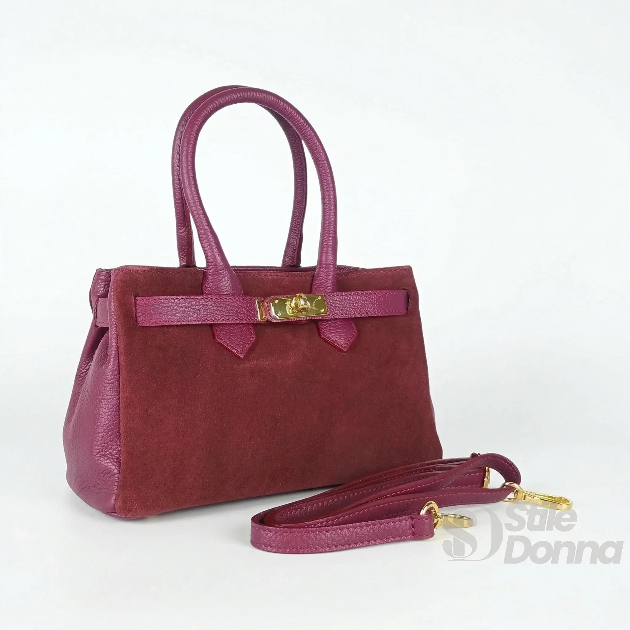 Velinara Borsa A Mano In Vera Pelle Scamosciata Bordeaux Modello Artigianale Italiano Con Finiture Dorate
