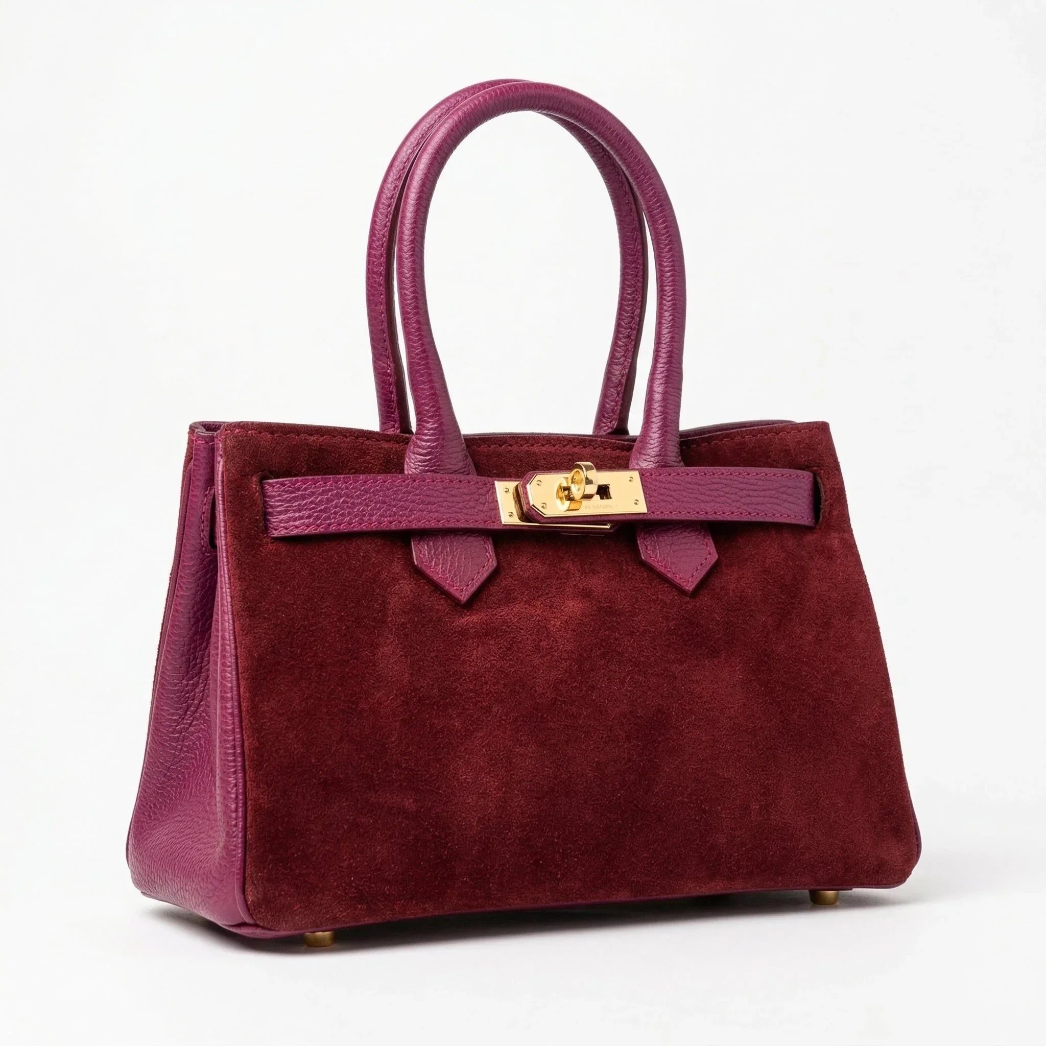 Velinara Borsa A Mano In Vera Pelle Scamosciata Bordeaux Modello Artigianale Italiano Con Finiture Dorate