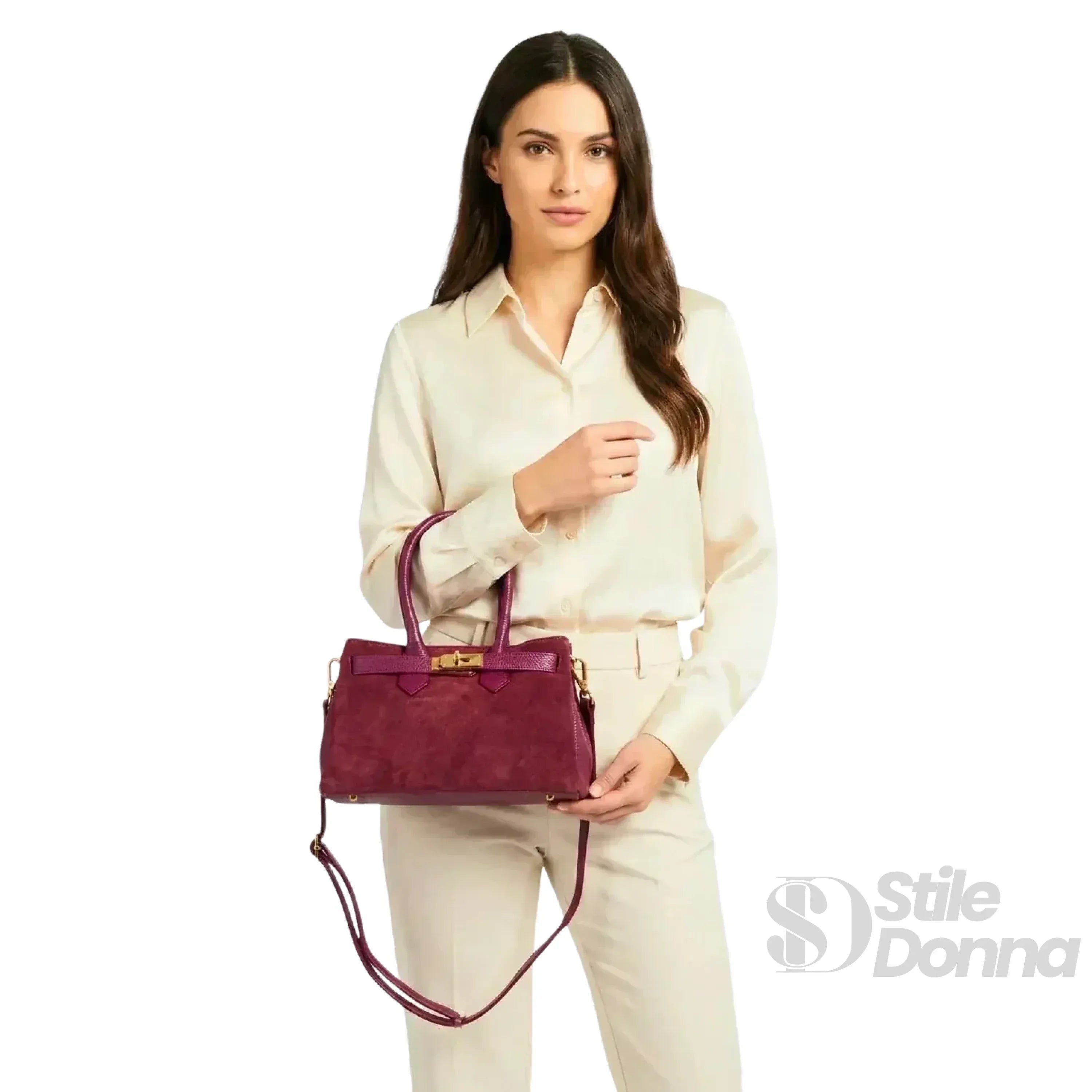Velinara Borsa A Mano In Vera Pelle Scamosciata Bordeaux Modello Artigianale Italiano Con Finiture Dorate