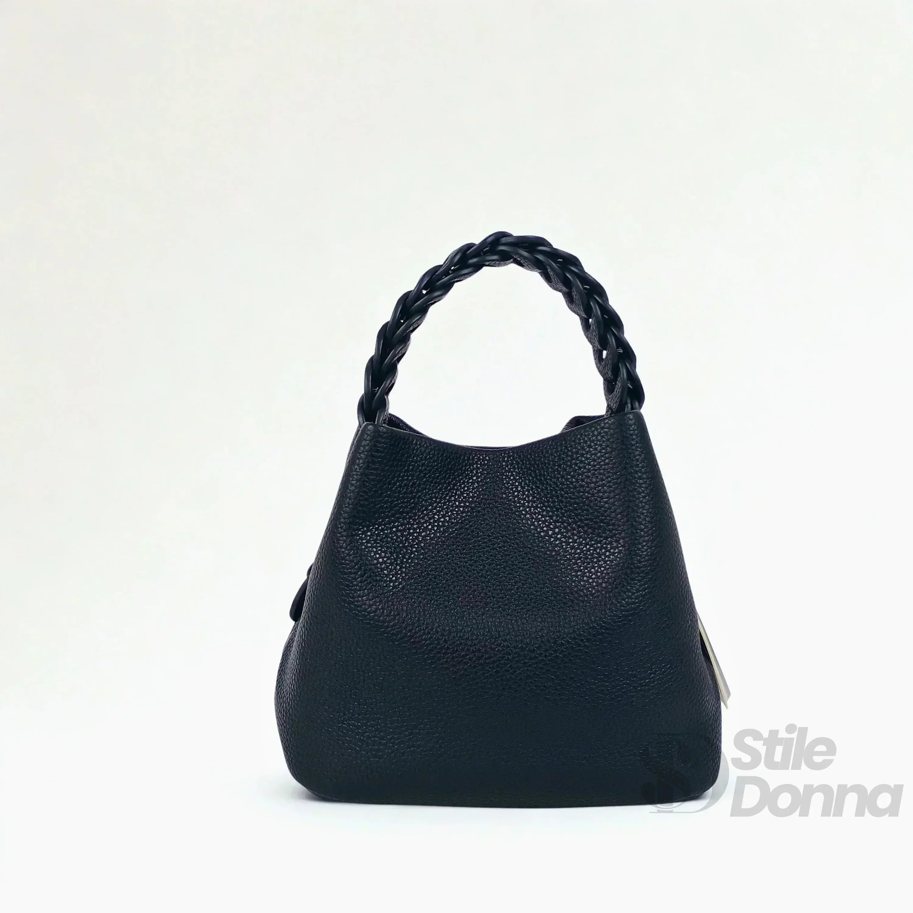 Borsa Secchiello Giallo Senape Con Manico Intrecciato In Ecopelle Fodera Interna Con Tasche Organizzative