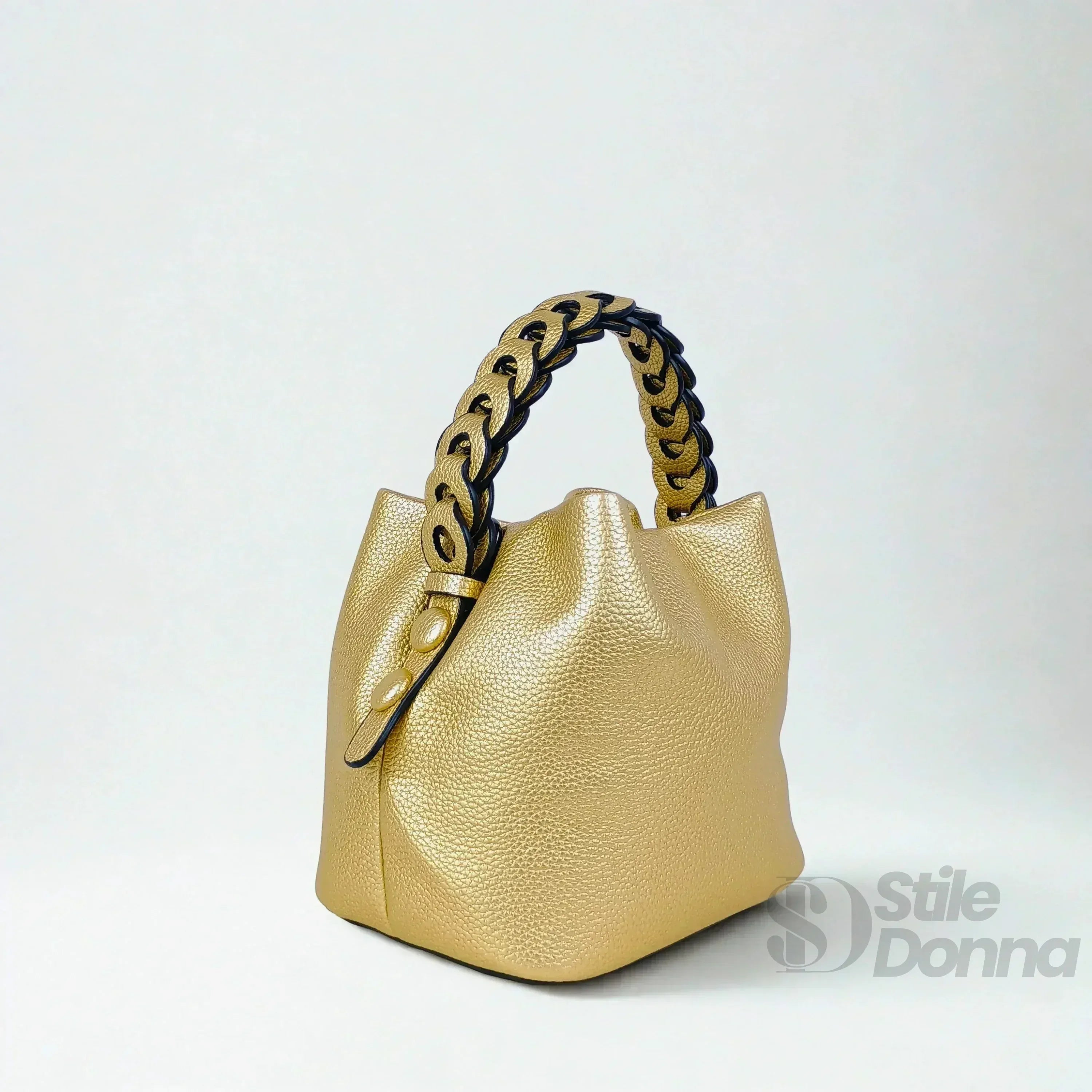 Borsa Secchiello Giallo Senape Con Manico Intrecciato In Ecopelle Fodera Interna Con Tasche Organizzative