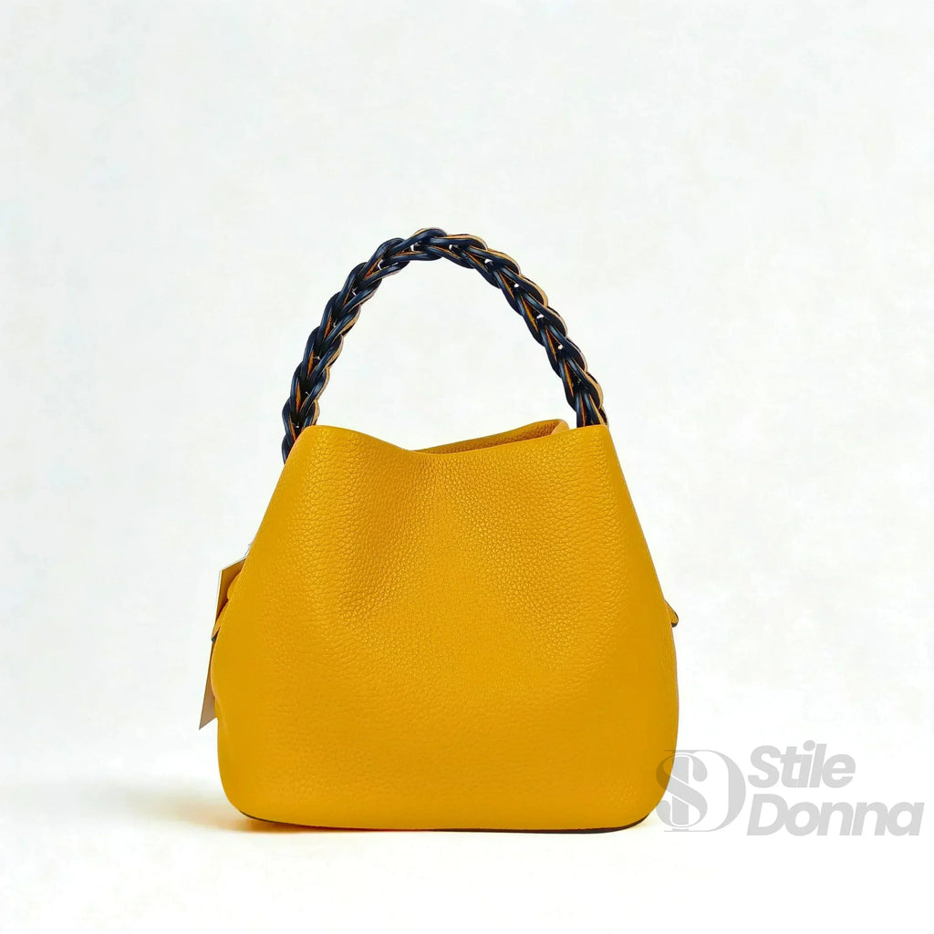 Borsa Secchiello Giallo Senape Con Manico Intrecciato In Ecopelle Fodera Interna Con Tasche Organizzative