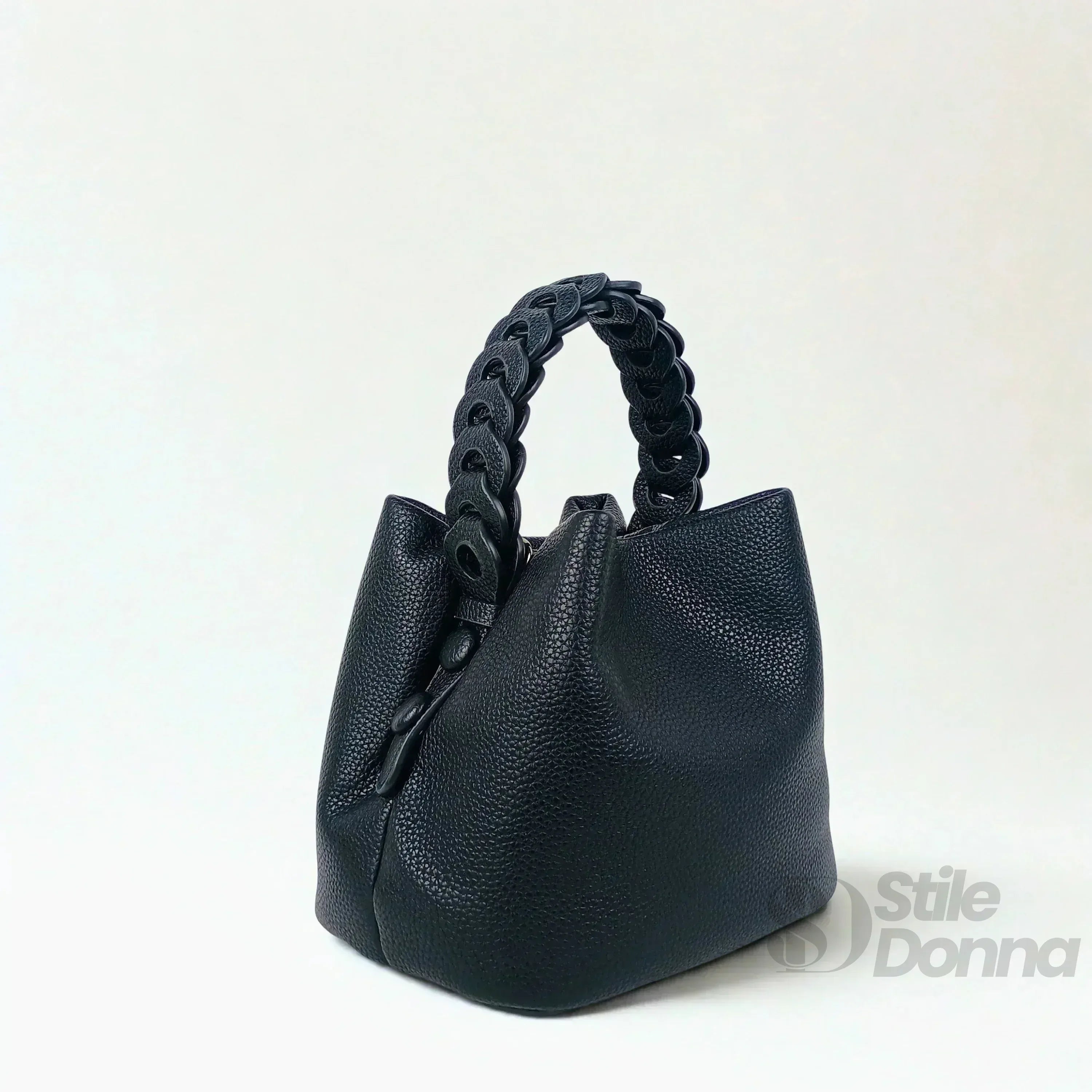 Borsa Secchiello Giallo Senape Con Manico Intrecciato In Ecopelle Fodera Interna Con Tasche Organizzative