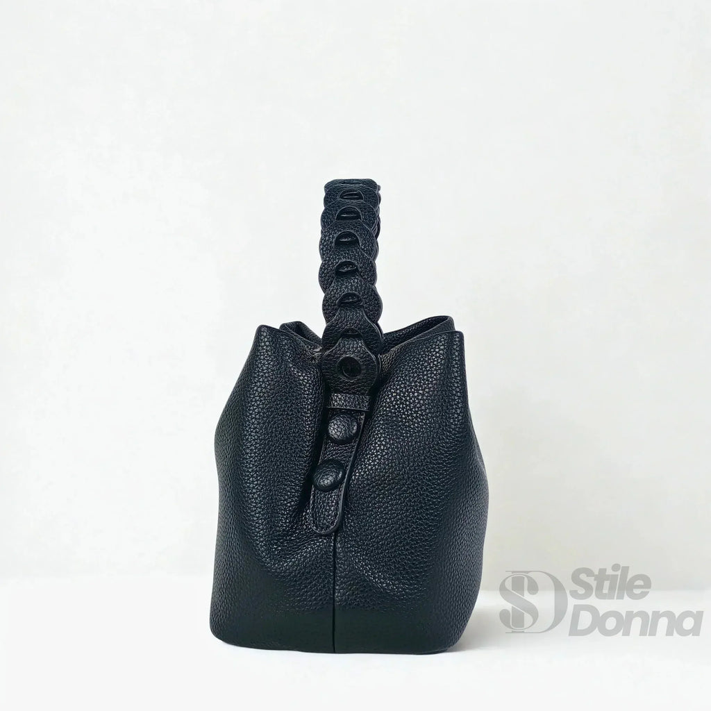 Borsa Secchiello Giallo Senape Con Manico Intrecciato In Ecopelle Fodera Interna Con Tasche Organizzative