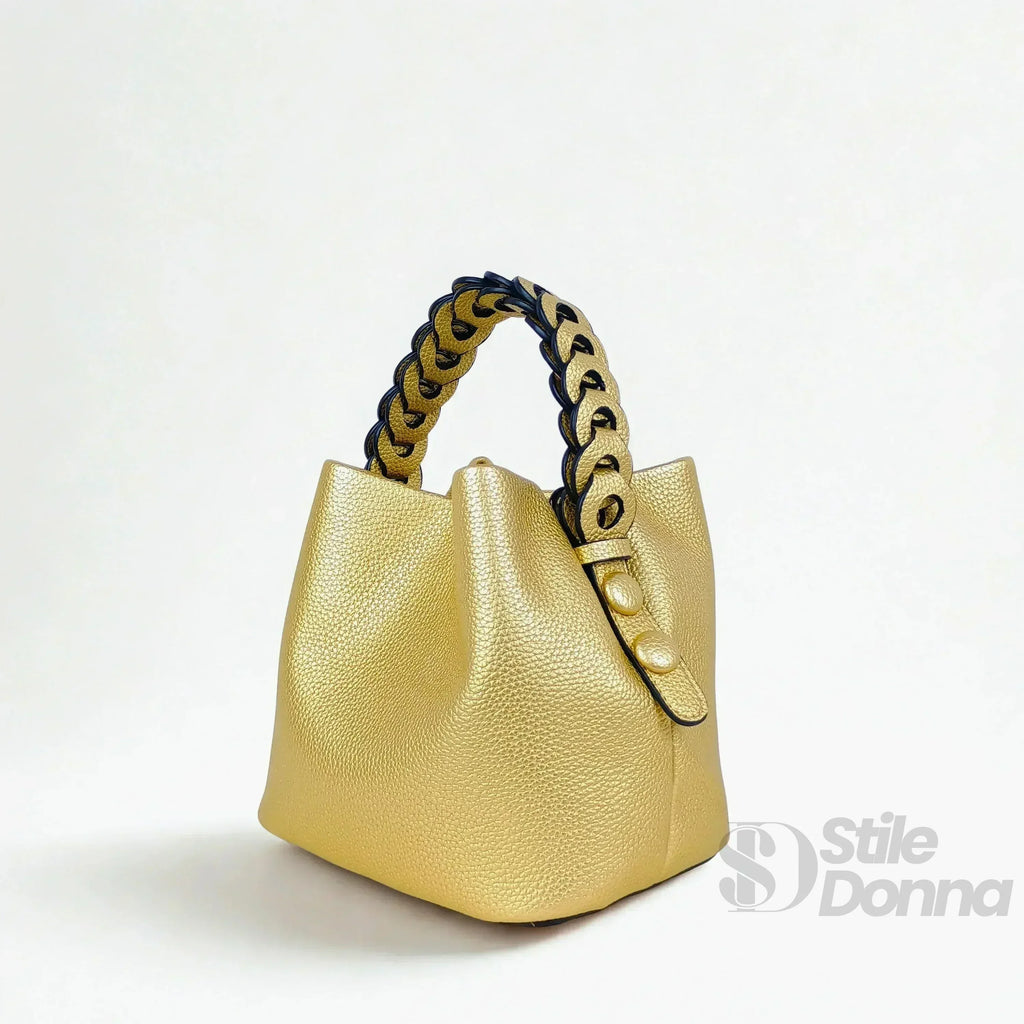 Borsa Secchiello Giallo Senape Con Manico Intrecciato In Ecopelle Fodera Interna Con Tasche Organizzative