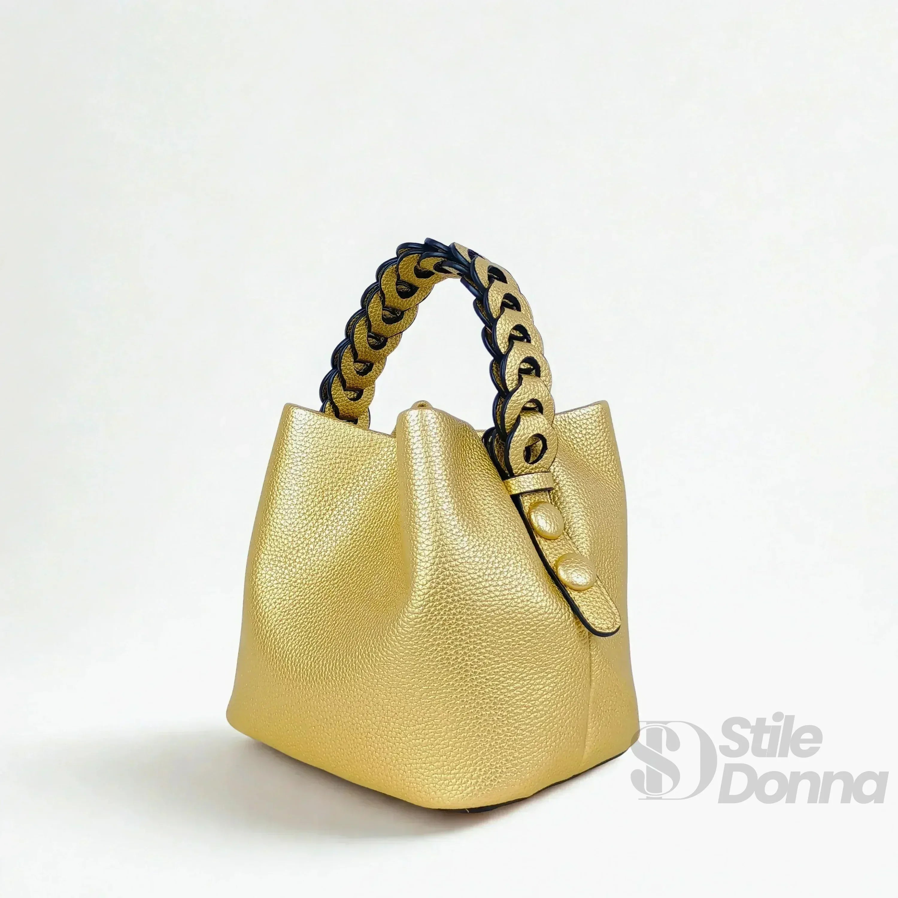 Borsa Secchiello Giallo Senape Con Manico Intrecciato In Ecopelle Fodera Interna Con Tasche Organizzative