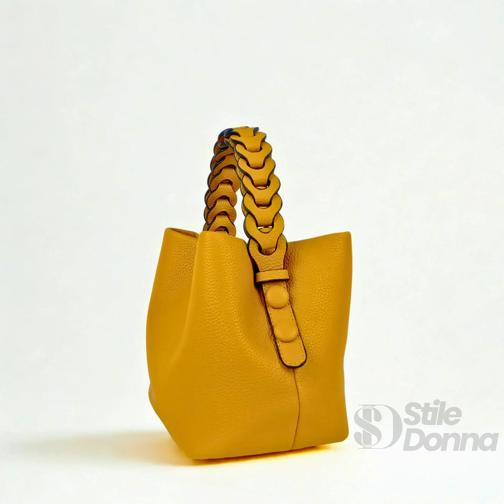 Borsa Secchiello Giallo Senape Con Manico Intrecciato In Ecopelle Fodera Interna Con Tasche Organizzative