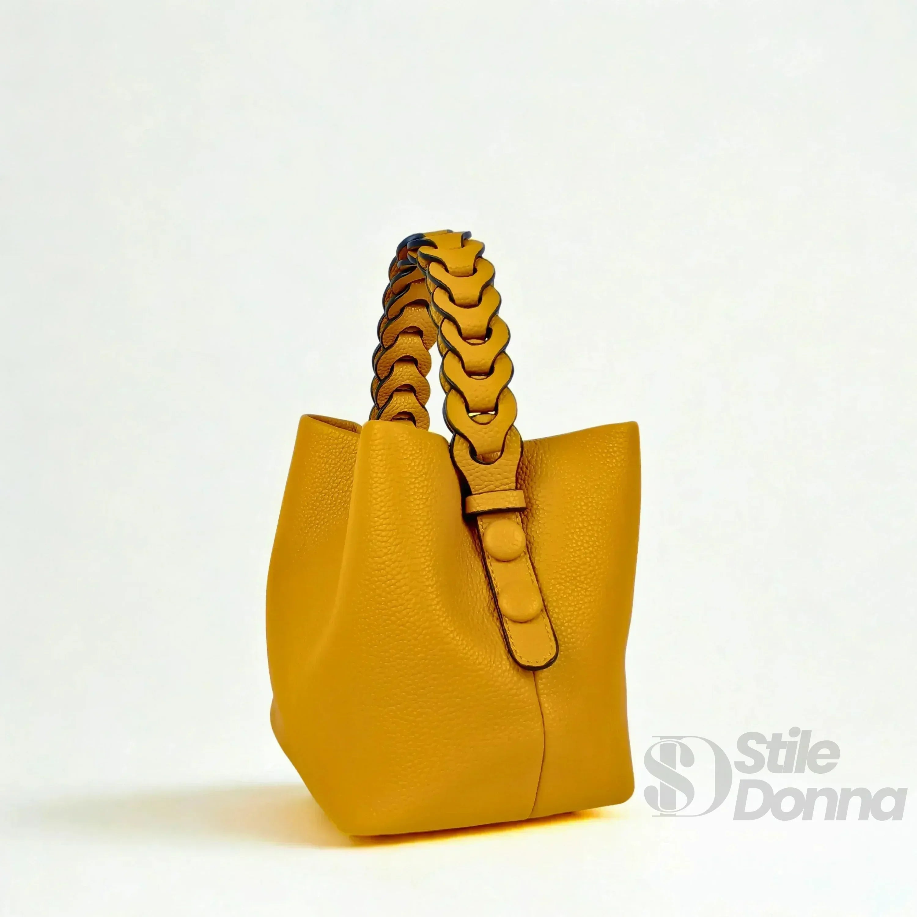 Borsa Secchiello Giallo Senape Con Manico Intrecciato In Ecopelle Fodera Interna Con Tasche Organizzative