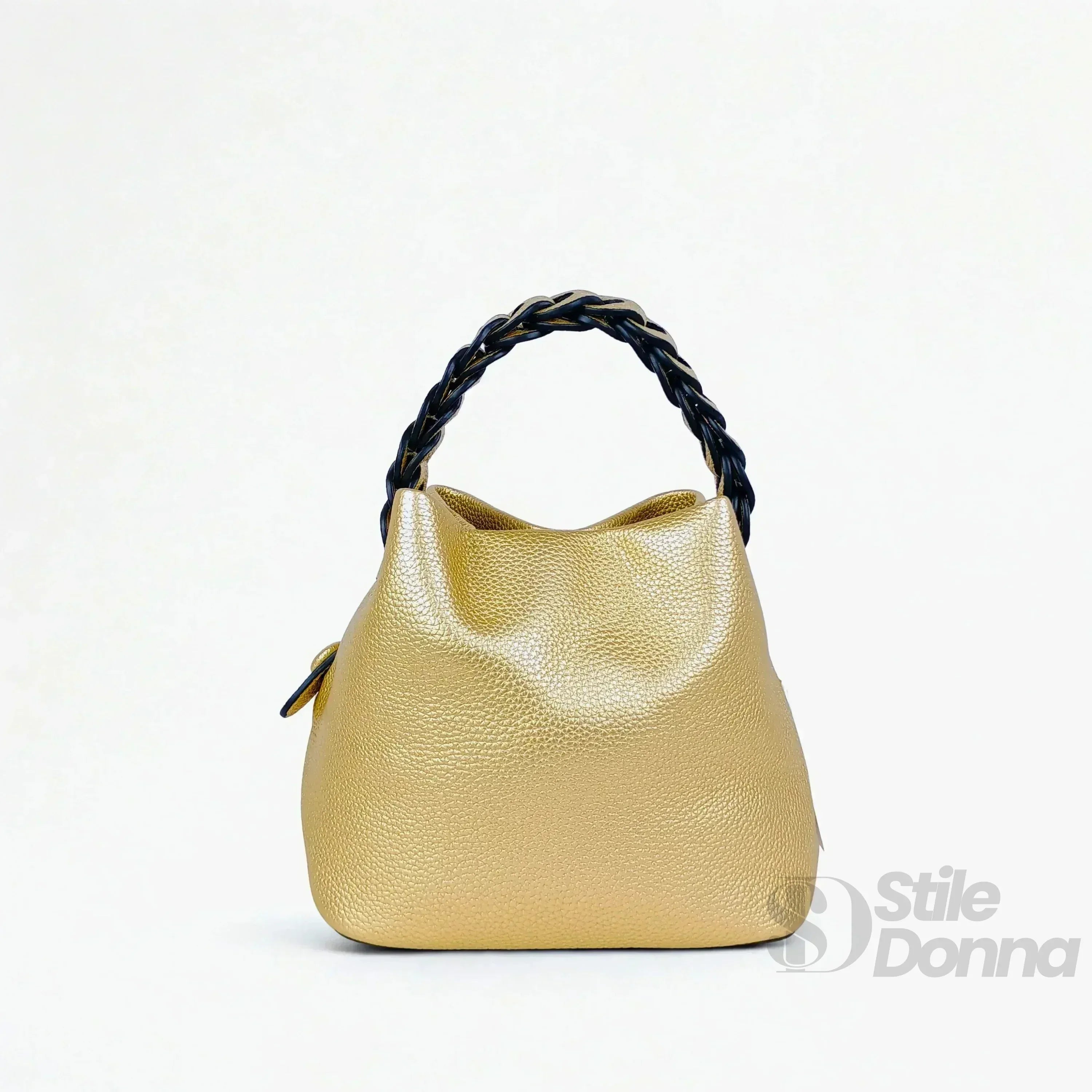 Borsa Secchiello Giallo Senape Con Manico Intrecciato In Ecopelle Fodera Interna Con Tasche Organizzative