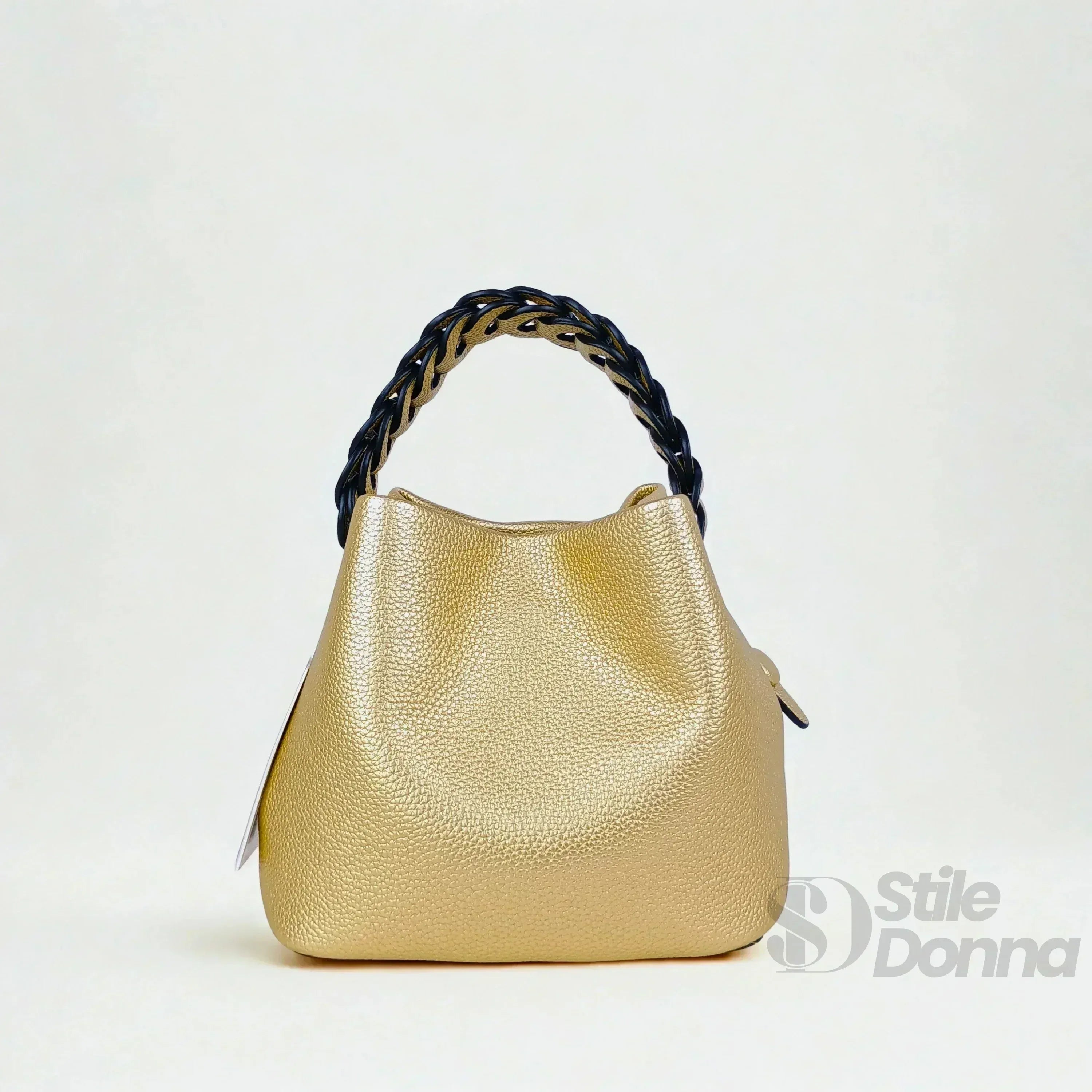 Borsa Secchiello Giallo Senape Con Manico Intrecciato In Ecopelle Fodera Interna Con Tasche Organizzative
