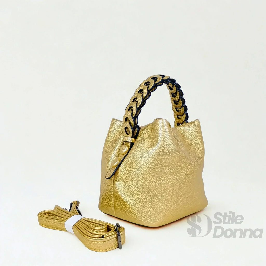 Borsa Secchiello Giallo Senape Con Manico Intrecciato In Ecopelle Fodera Interna Con Tasche Organizzative