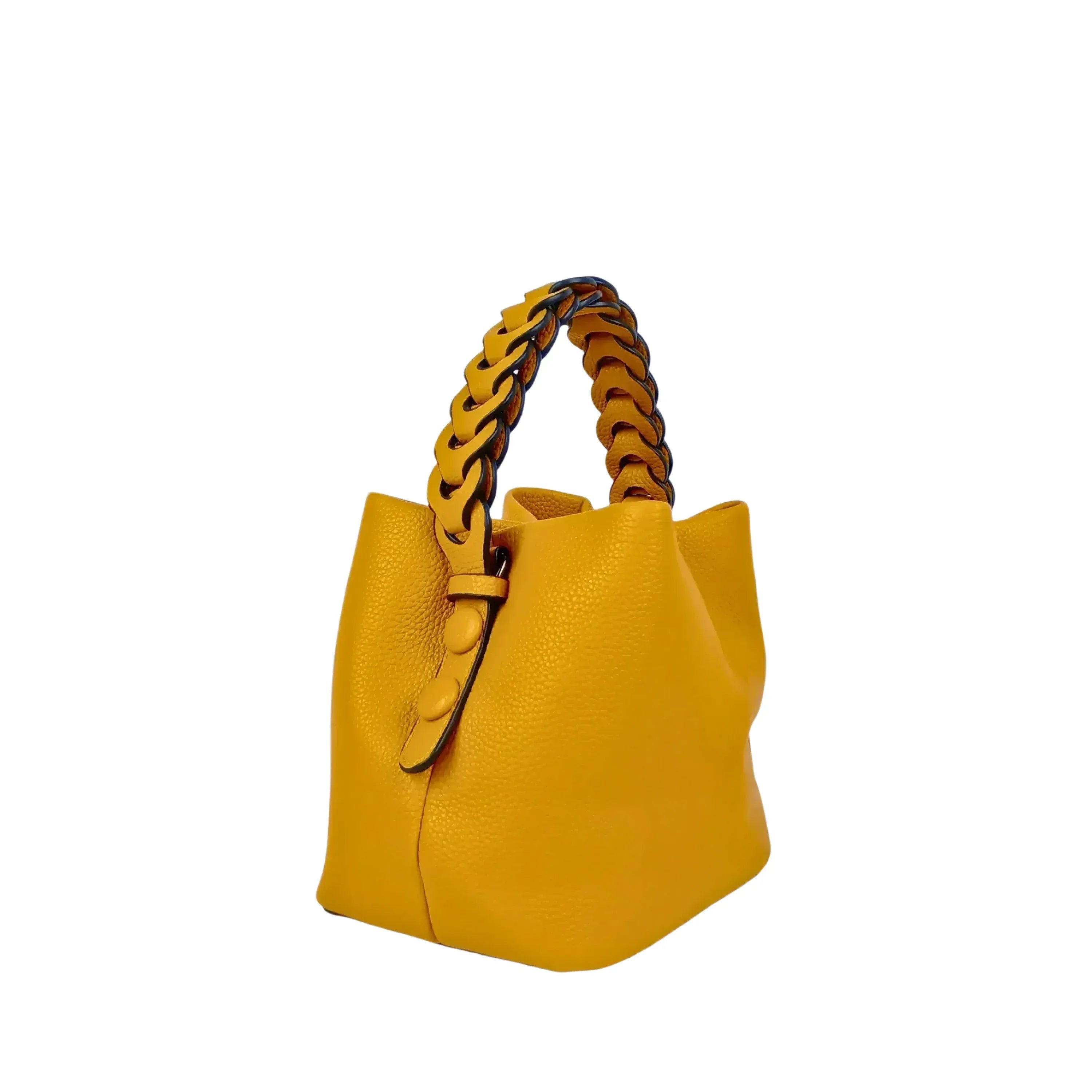 Borsa Secchiello Giallo Senape Con Manico Intrecciato In Ecopelle Fodera Interna Con Tasche Organizzative