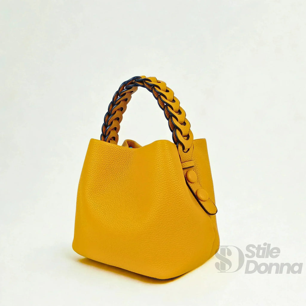 Borsa Secchiello Giallo Senape Con Manico Intrecciato In Ecopelle Fodera Interna Con Tasche Organizzative