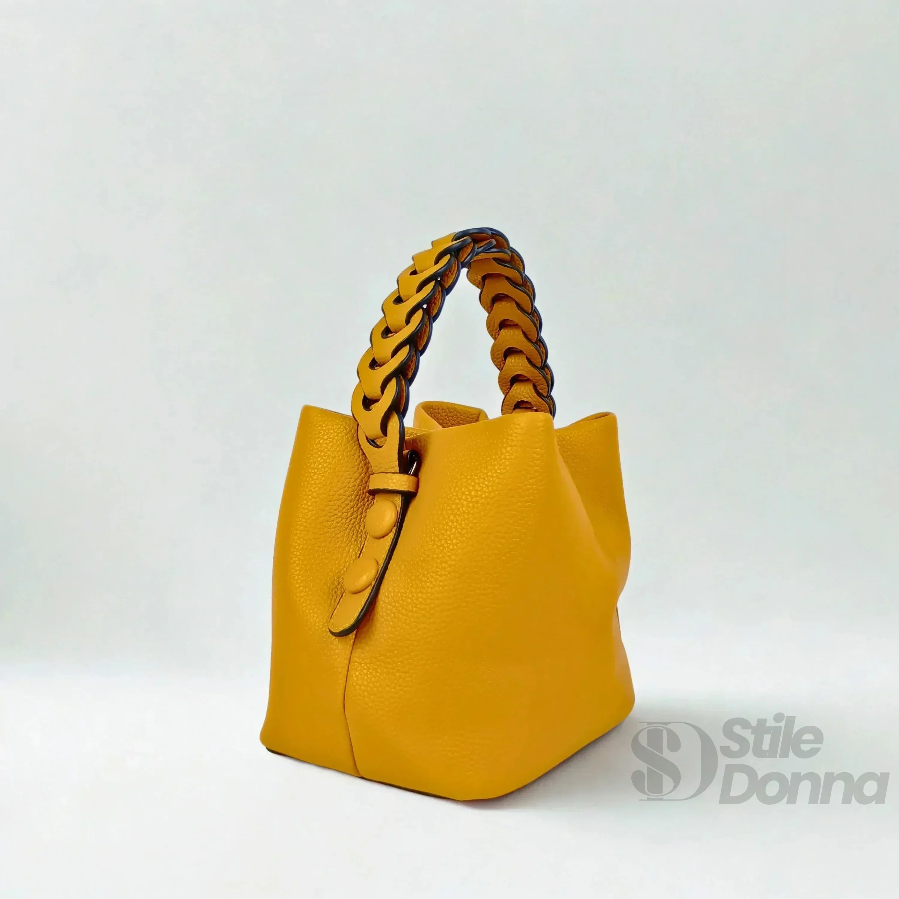 Borsa Secchiello Giallo Senape Con Manico Intrecciato In Ecopelle Fodera Interna Con Tasche Organizzative