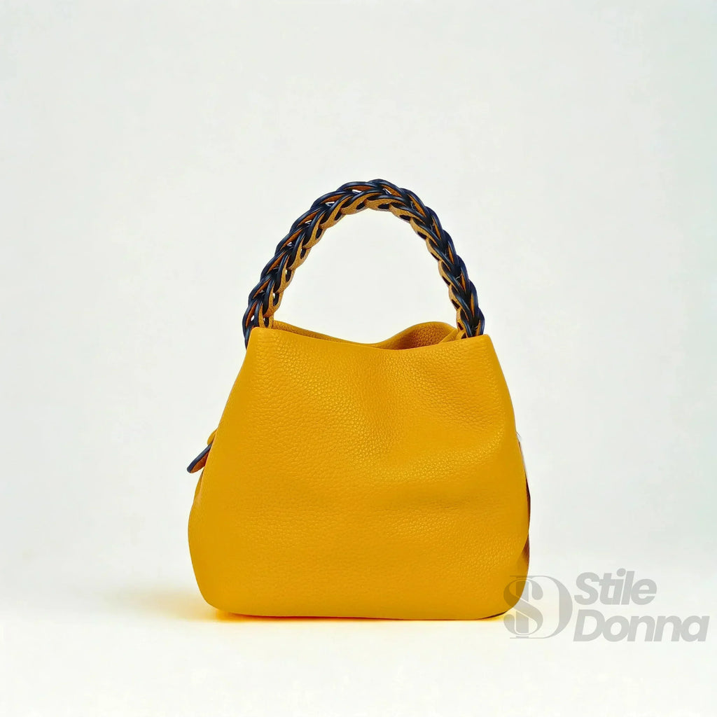 Borsa Secchiello Giallo Senape Con Manico Intrecciato In Ecopelle Fodera Interna Con Tasche Organizzative