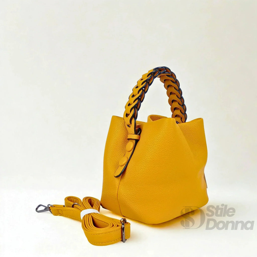 Borsa Secchiello Giallo Senape Con Manico Intrecciato In Ecopelle Fodera Interna Con Tasche Organizzative