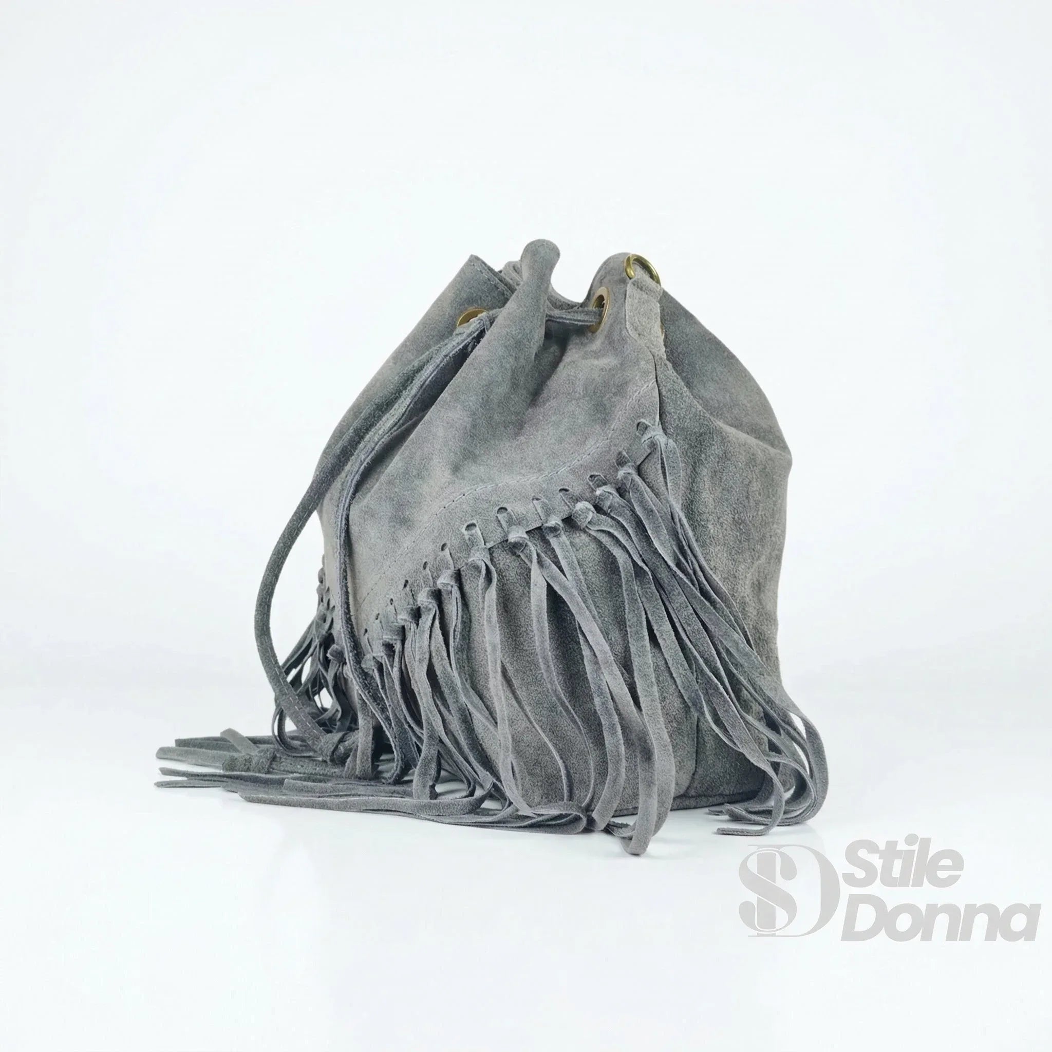 Borsa a Secchiello in Camoscio con Frange Tracolla Regolabile Leggera e Versatile per Uso Quotidiano