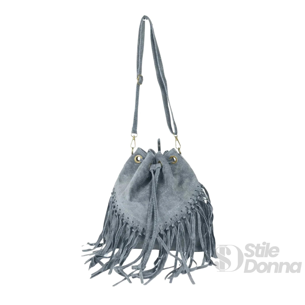 Borsa a Secchiello in Camoscio con Frange Tracolla Regolabile Leggera e Versatile per Uso Quotidiano