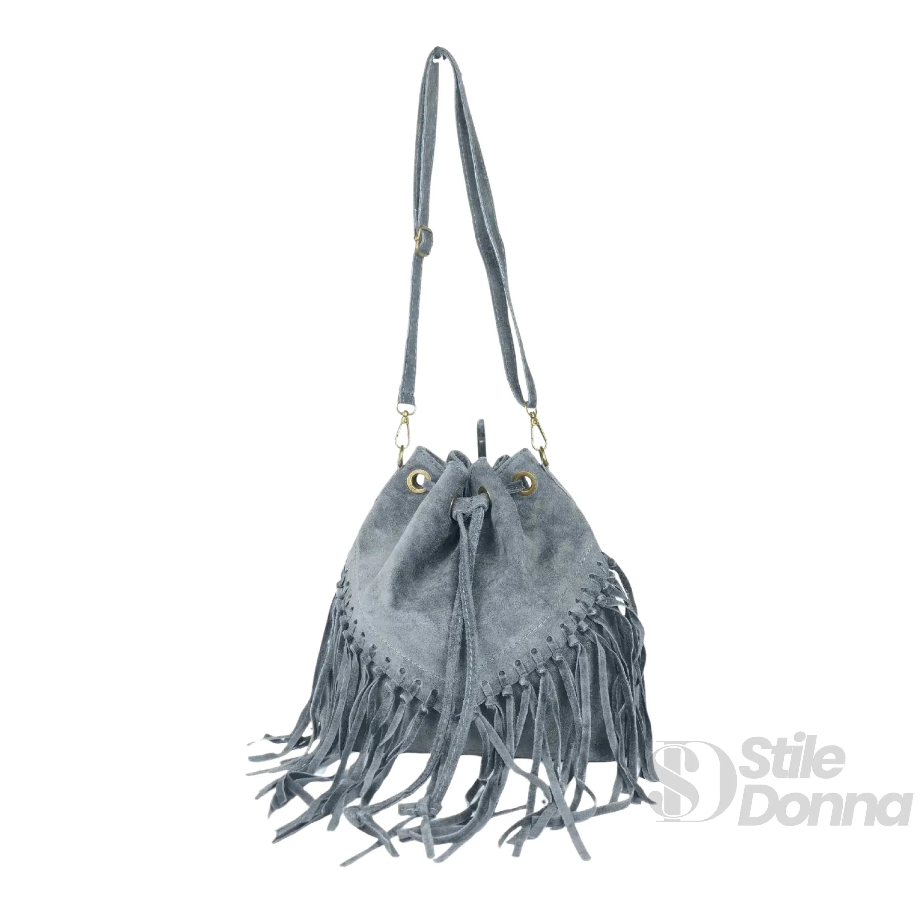 Borsa a Secchiello in Camoscio con Frange Tracolla Regolabile Leggera e Versatile per Uso Quotidiano